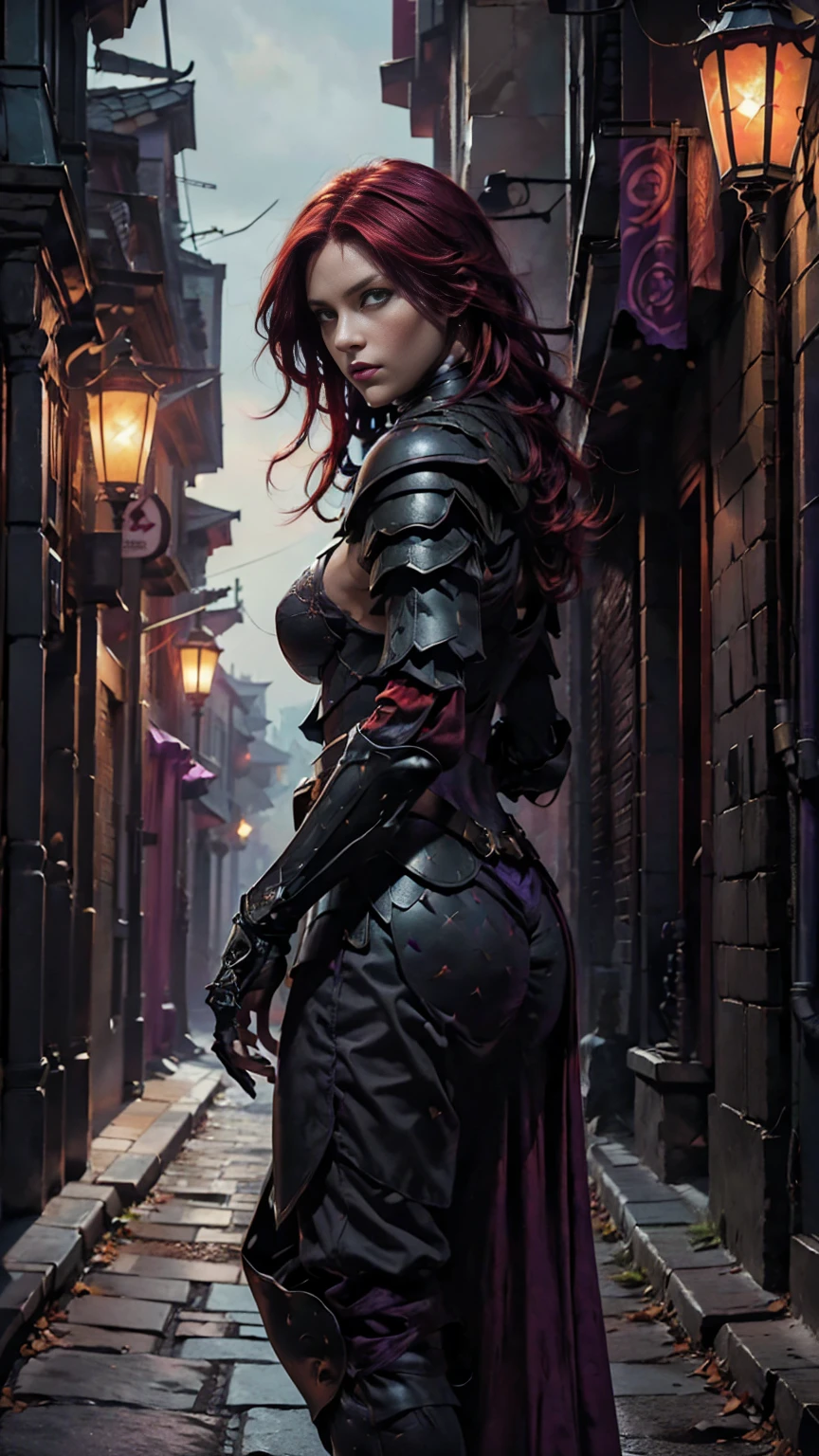 Highly detailed, realistic, cinematic, masterpiece, medium full shot, gorgeous woman with an average-sized chest, thief. (red hair:1.3), (green eyes:1.3), (tattoos covering her body:1.2). Wearing form-fitting black, red, and dark purple leather fantasy rogue armor with intricate straps, buckles, and delicate embroidery, emphasizing her agility and stealth (armor colors: black, red, dark purple:1.5). No metal armor or bulky elements. Set in a foggy fantasy city background with glowing lanterns and cobblestone streets, her pose is graceful and confident, evoking a sense of cunning and allure. (looking at viewer:1.2), (front view). Atmospheric lighting with a cinematic bokeh effect (bokeh:1.3).