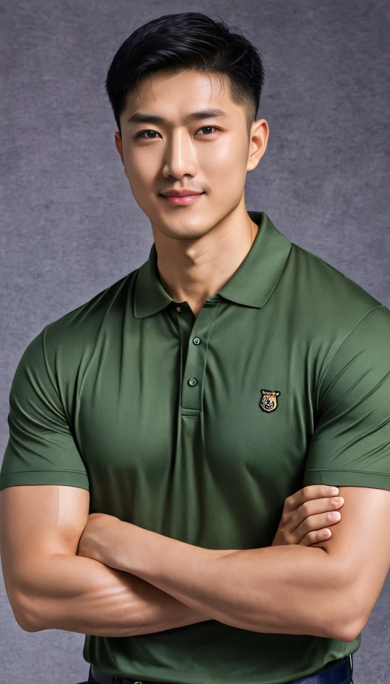 1boy, orimale ,Orimura, black_eyes, black_hair, male_focus, realistic ,  bright eyes  ,smile, Buzz Cut Drop Fade , Handsome Chinese Man with a Little Mustache , is muscular ,blood vessel,Broad shoulders, Wear a olivegreen polo shirt with short sleeves without a logo and jeans. Backpack