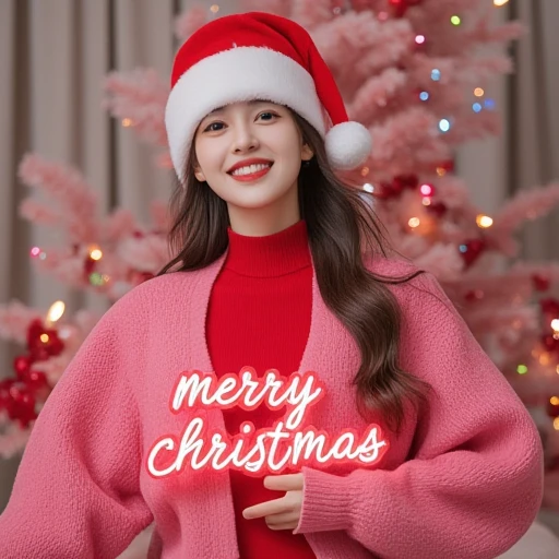  Beautiful Thai girl with long hair in a Christmas hat wearing a fresh fuchsia pink cardigan dress with a short fur skirt, with a Christmas tree decorated with multicolored lights holding neon sign "merry christmas" Happy festive smile hd 