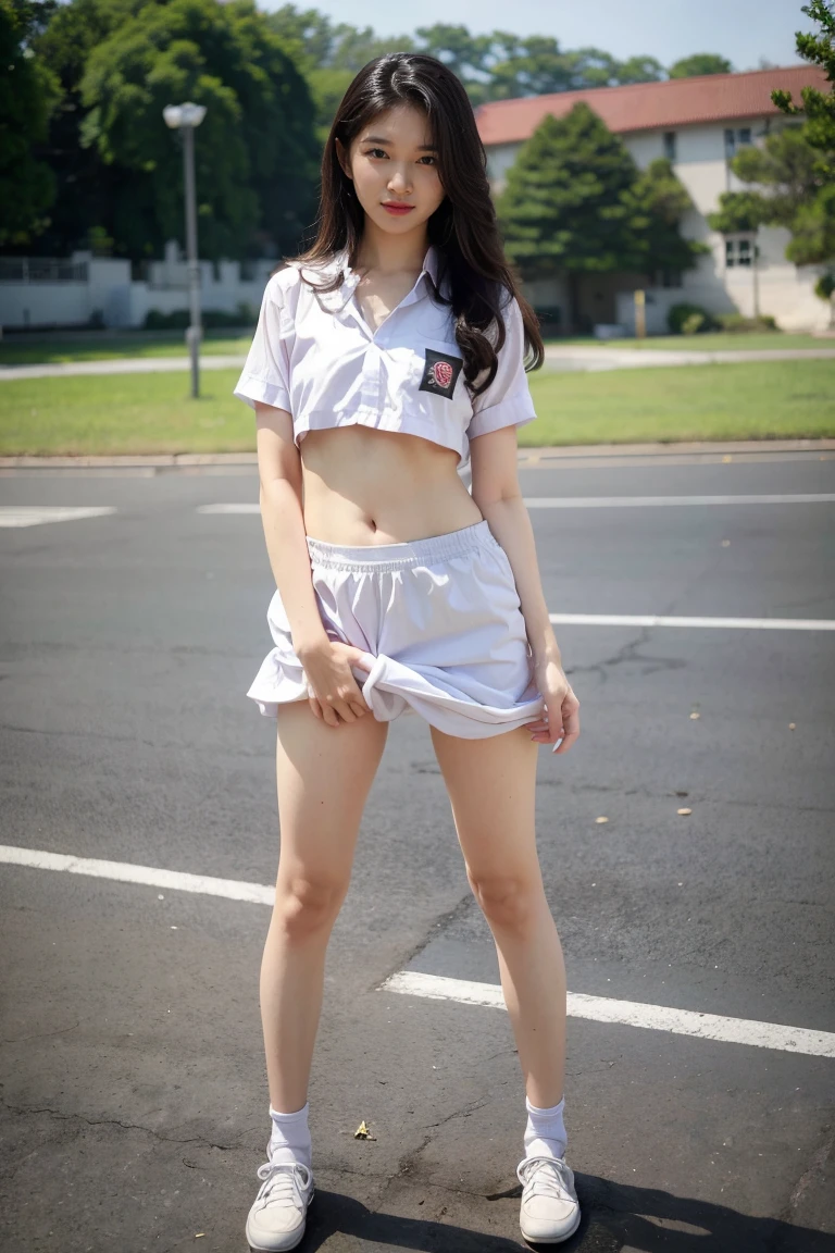 american shot, whole body, perfect image, facial symmetry, (Dark brown hair color), messy hair, eyes with the same hair color, slim build, (Only one slim -yeld Hurian woman), ((With students (( (60 female nurses in white uniform% pleated mini skirt, Bare thighs and legs))), (Upward wind))), 魅惑的なPause, perfect body, She is in front of the hospital waiting room, There is a very strong Upward wind strong, intricate details, Pause: Sexy rear dynamics, high contrast, Solar Side Lighting, Detailed contrast light and shadow, Canon EOS Professional Camera with 50mm Lens,