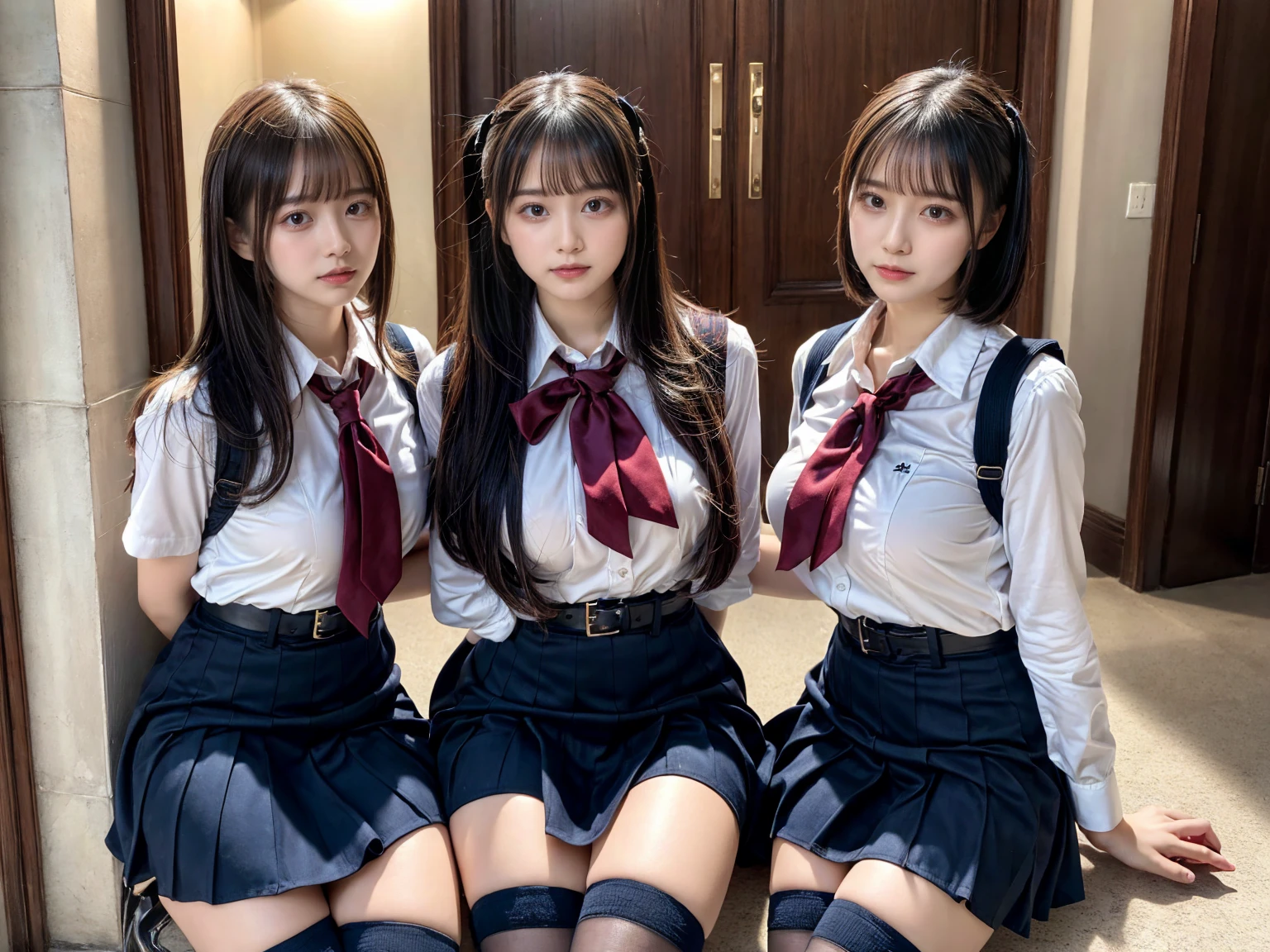 (8K, Raw photography, top-quality, masterpiece:1.2), master piece, best quality, illustration, Super detailed, fine details, High resolution, 8K,wall paper, perfect dynamic composition,(Details High quality, realistic depiction of eyes:1.3), ((2 girls, 2 schoolgirls)), The background is a luxury hotel room、High school girl uniform、blazer 、Super Short Check Uniform Skirt、Navy blue high socks、garterbelts、Colossal tits、Disturbed uniform, Play with each other,Touching each other's bodies,Touching the body of the girl next door, short bob hair, black hair color, huge breasts, Big Natural Color Lip, bold sexy pose, (perfect body shape), crying a little、cold gaze, Beautiful makeup,glitter makeup,Cutest 18 years old, beautiful legs, hposing Gravure Idol, Voluptuous thighs