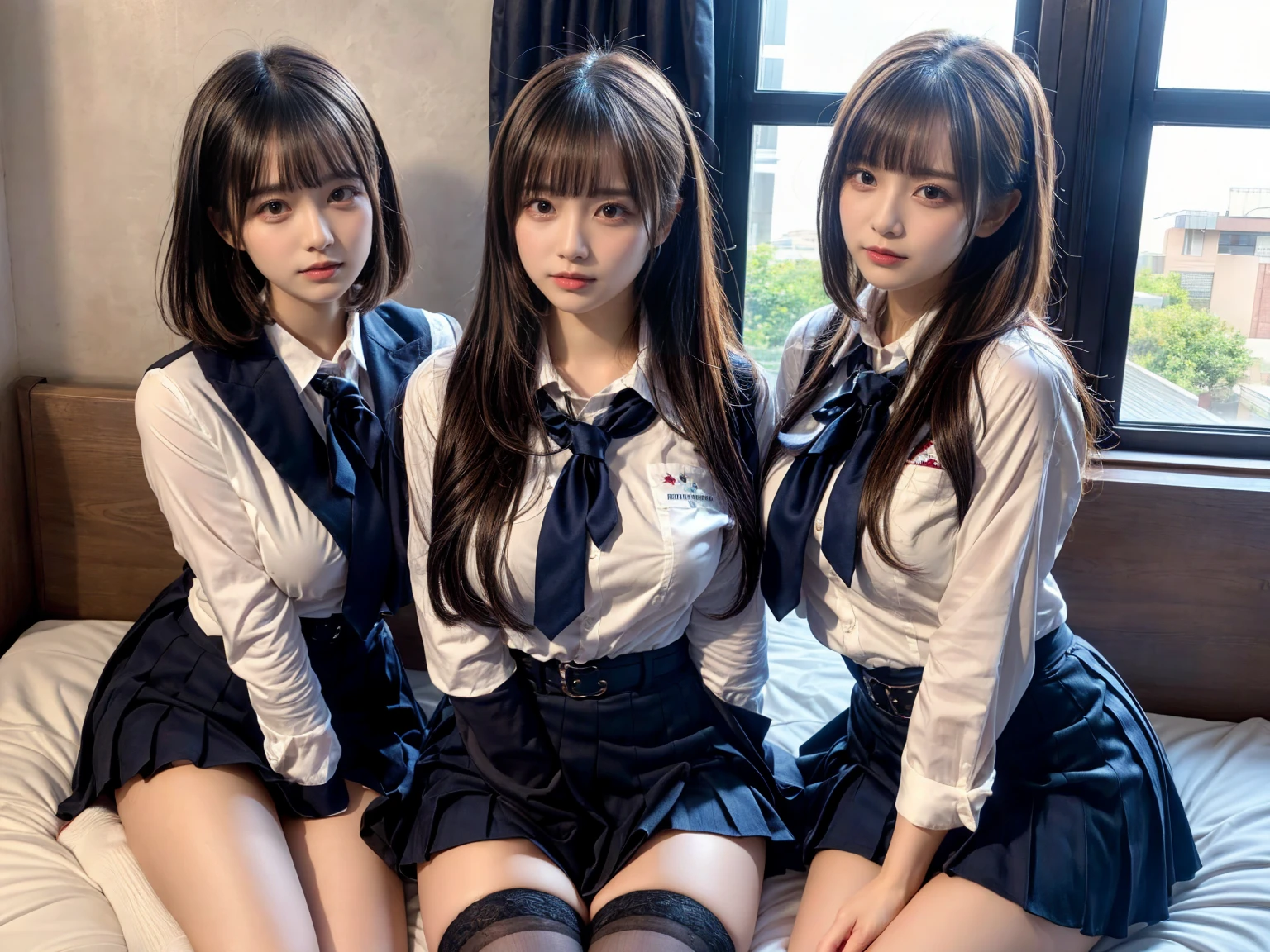 muster piece, best quality, illustration, Super detailed, fine details, High resolution, 8K,wall paper, perfect dynamic composition,(Details High quality, realistic depiction of eyes:1.3), (4 girls), The background is a luxury hotel room、High school girl uniform、blazer 、Super Short Check Uniform Skirt、Navy blue high socks、Colossal tits、Disturbed uniform, short bob hair, black hair color, huge breasts, very huge round breasts, Beautiful makeup, glitter makeup, Big Natural Color Lip, perfect body shape, crying a little、cold gaze, 20 year old girl、 beautiful legs, hposing Gravure Idol, Voluptuous thighs, ((Realistic lighting,during daytime,The background is a luxury hotel room,A detailed face,finerly detailed face,Beautiful face,an ecstatic look on one's face,Perfect fingers,Accurate 5 fingers,high-definition RAW color photography, professional photograpy, extremely delicate and beautiful, Extremely detailed,finely detail, Huge file size,Top image quality,8K))