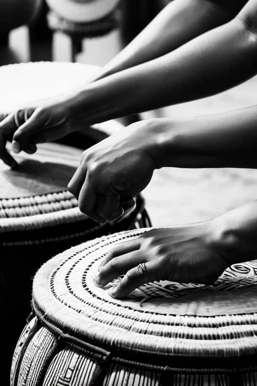  close-up of hands hitting djembe , Jereba,  play drums , drummer, African Art Magazine, bongo, inspired by Arafe women , in thick layers of rhythms, rhythm & Color, Djembe in hands 、 album art、Black and White Photography、Still images from VHS footage 、 granular film 