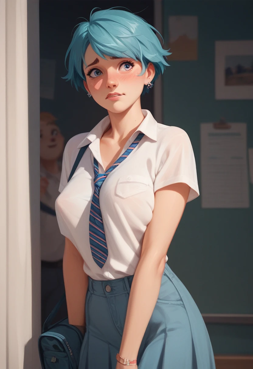 Innocent girl,  short hair, student lenses, nervous