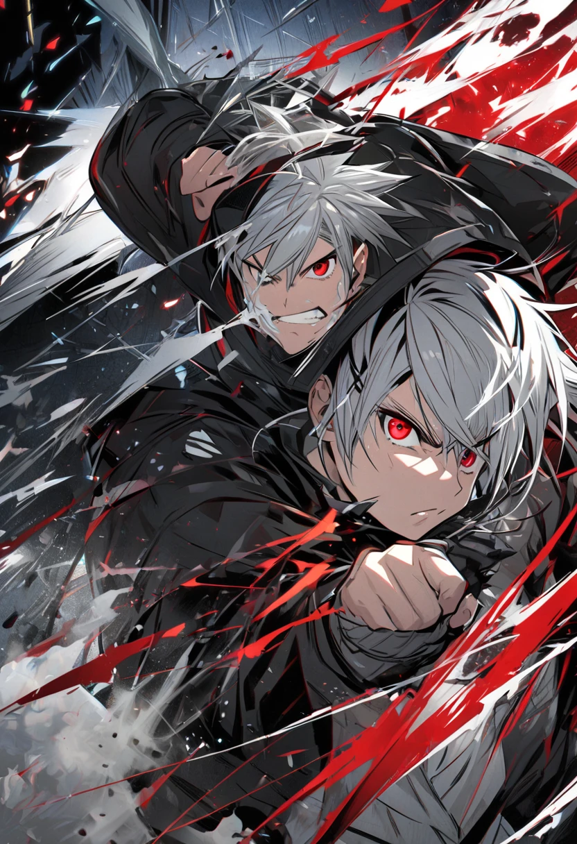 a handsome man with red eyes and white hair, fierce battle, intense action, highly detailed, cinematic lighting, dramatic composition, epic fantasy, grandiose scale, photorealistic, 8k, masterpiece