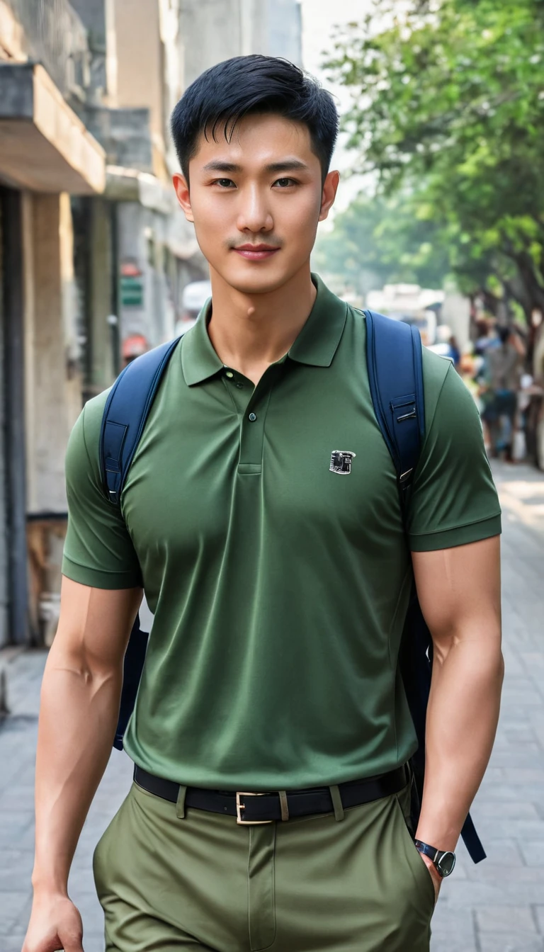 1boy, orimale ,Orimura, black_eyes, black_hair, male_focus, realistic ,  bright eyes  ,smile, Buzz Cut Drop Fade , Handsome Chinese Man with a Little Mustache , is muscular ,blood vessel,Broad shoulders, Wear a olivegreen polo shirt with short sleeves without a logo and jeans. Backpack