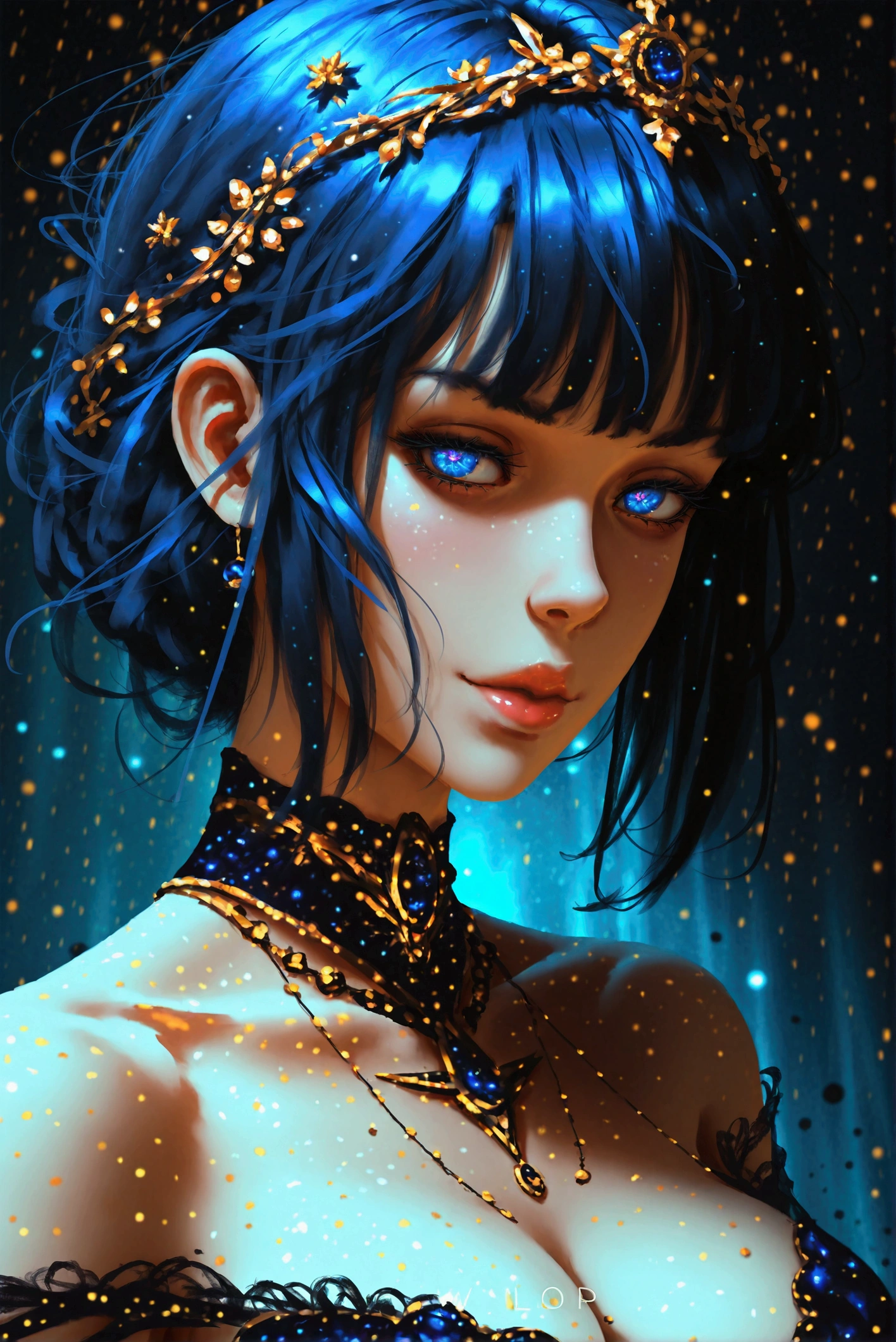 Wlop, illustration of the most beautiful woman on earth, semi-realistic anime style, dark blue hair, nice body, tight revealing dress, detailed, gold, evil, cosmic enchantress, hypnotic detailed eyes, ultra detailed, top to bottom, full body.