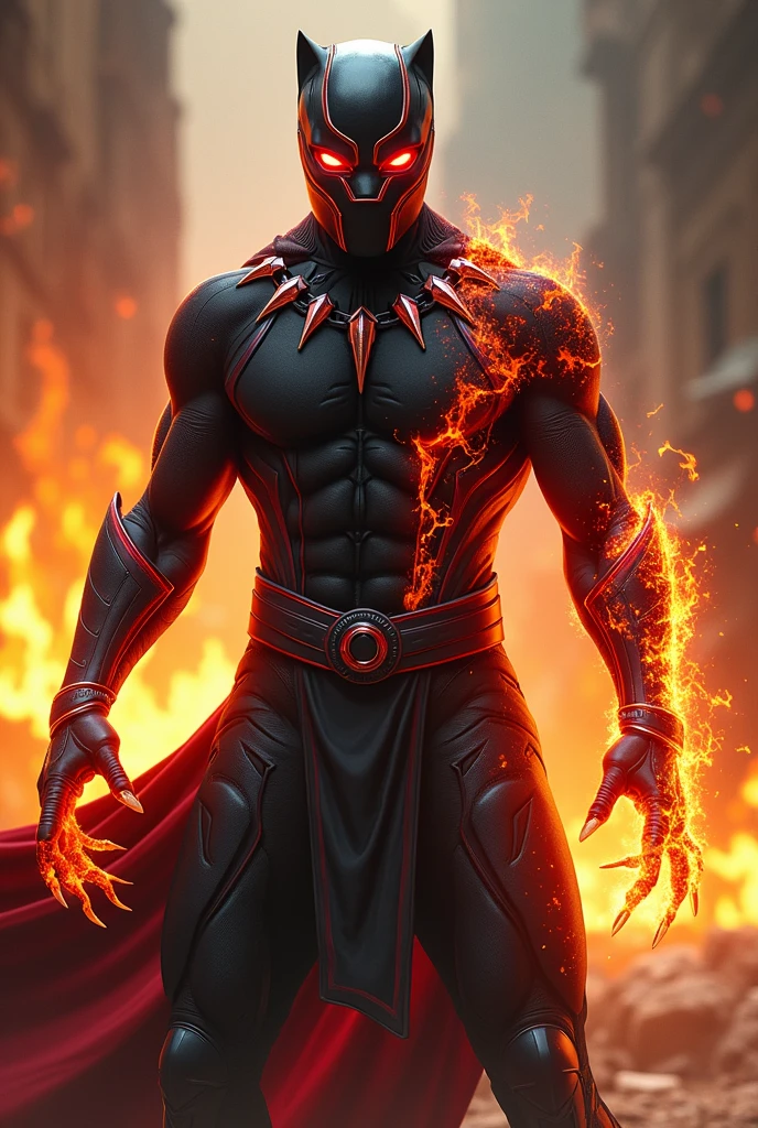 Create a male superhero, with magical bracelets capable of creating firearms, with black and gray details and red eyes, with a frightening mask that covers the entire face