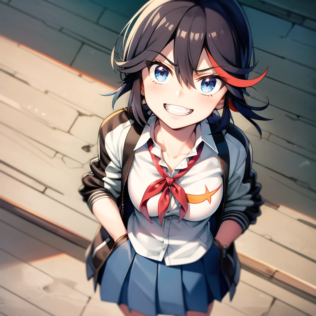 Yuriko Nanao (Million Live), (Top Quality, 8K, Masterpiece, Super Detail: 1.2), Cinematic Angle, Wide Shot, 1 Girl, Solo, Skirt, Watch Viewer, Sailor Color, Pleated Skirt, Short Sleeves, School Uniform, Blush, Serafuk, Clavicle, Ribbon, Upper Body, Adjusted Hair, Wind, Floating Hair, Spread Your Arms, Chest Stretch Despair, Night, Clench Your Fists, Lie Down, Lie Down.