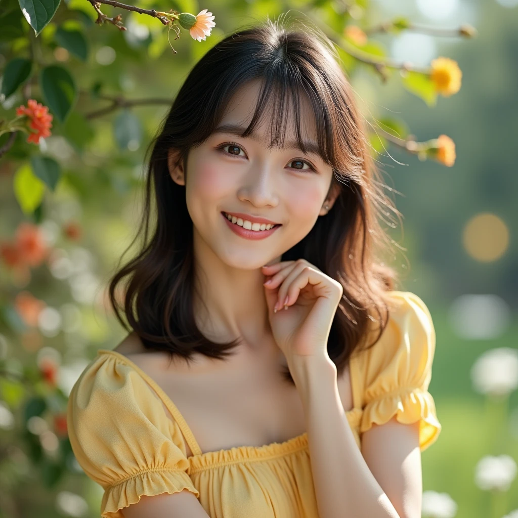 1 girl, for Youtube influencer, (Wearing casual clothes for spring:1.2), Very beautiful Myanmar idol portraits, 
(Raw photo, highest quality), (realistic, Photoreal:1.4), (masterpiece), 
very delicate and beautiful, very detailed, 2k wallpaper, wonderful, finely, Very detailed CG Unity 8K wallpaper, Super detailed, High resolution, soft light, 
beautiful detailed girl, little long hair with bangs ,very detailed beautifully detailed nose, beautifully with attractive eyes, cinematic lighting, 
(In the Garden:1.3),
(short hair), (parted bangs), 
complete anatomy, slender body, big breasts, smile