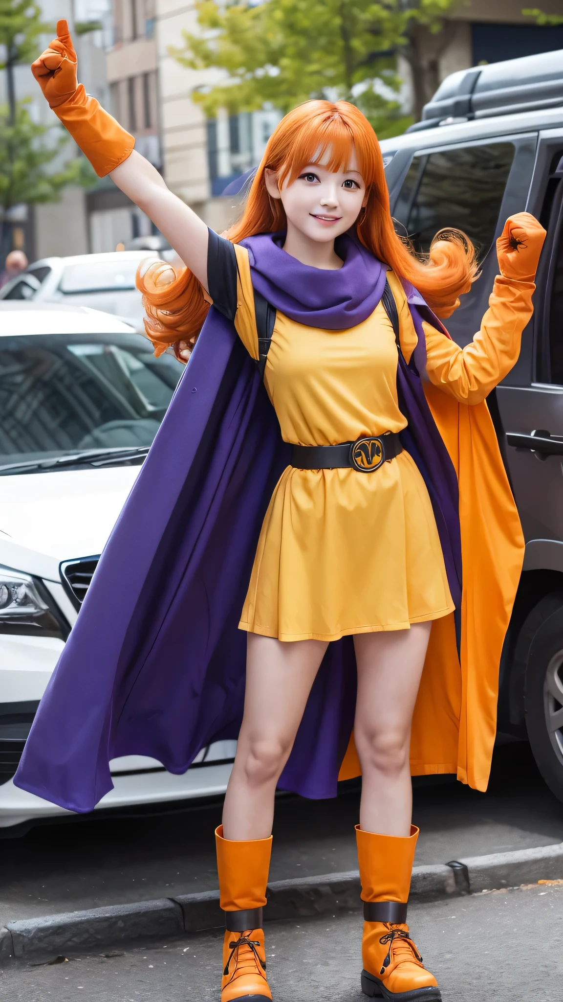 Girl、 has orange wavy hair and purple eyes。 also wears a blue cloak 。 serious expression、Wears a yellow tunic 、 has a waist tightened with black tights and a belt 。 wears orange gloves on her hands 、 wears orange boots around her feet 。 fist pose 、Happy、One arm raised high above 