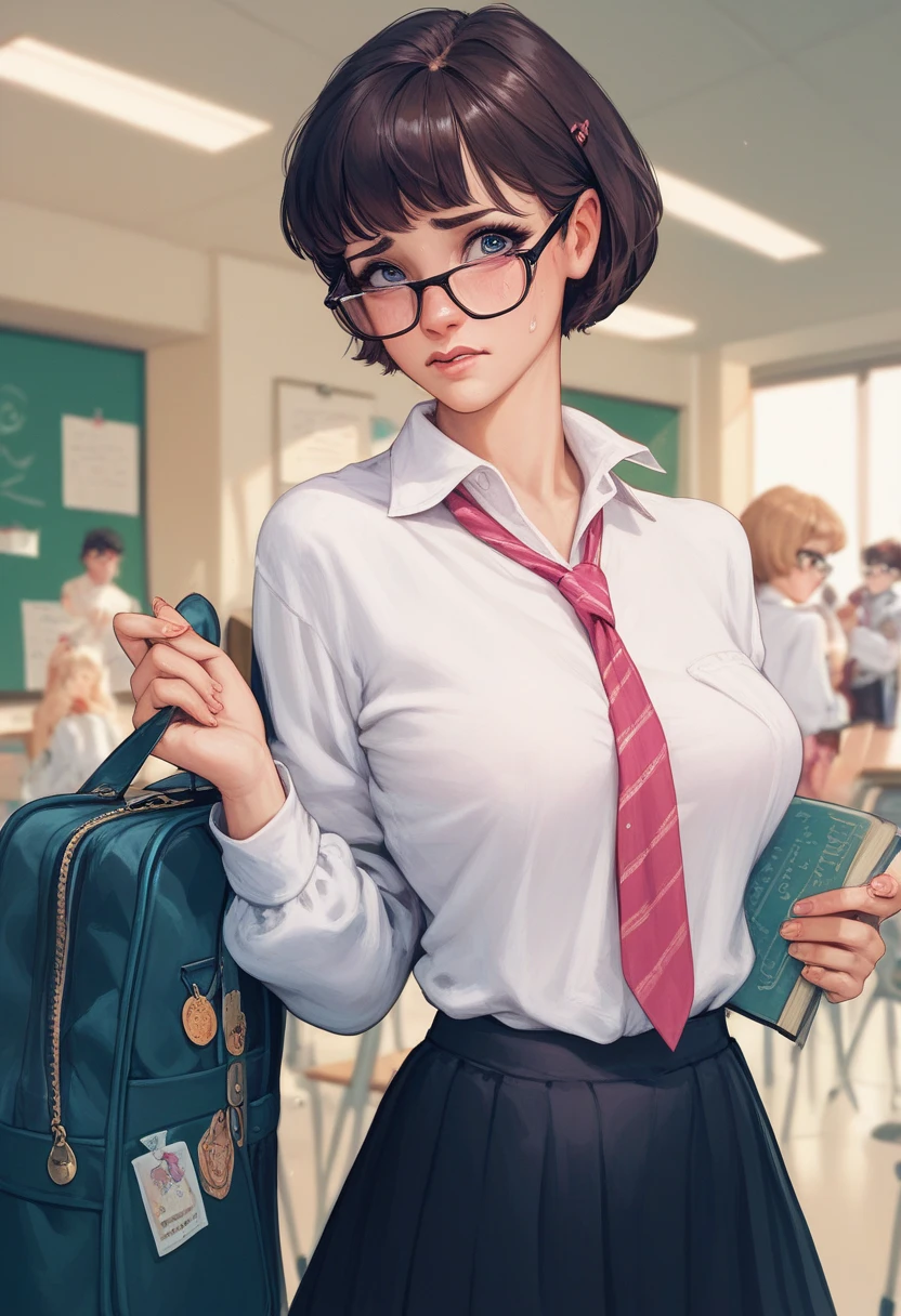 Innocent girl,  short hair, glasses, student, nervous