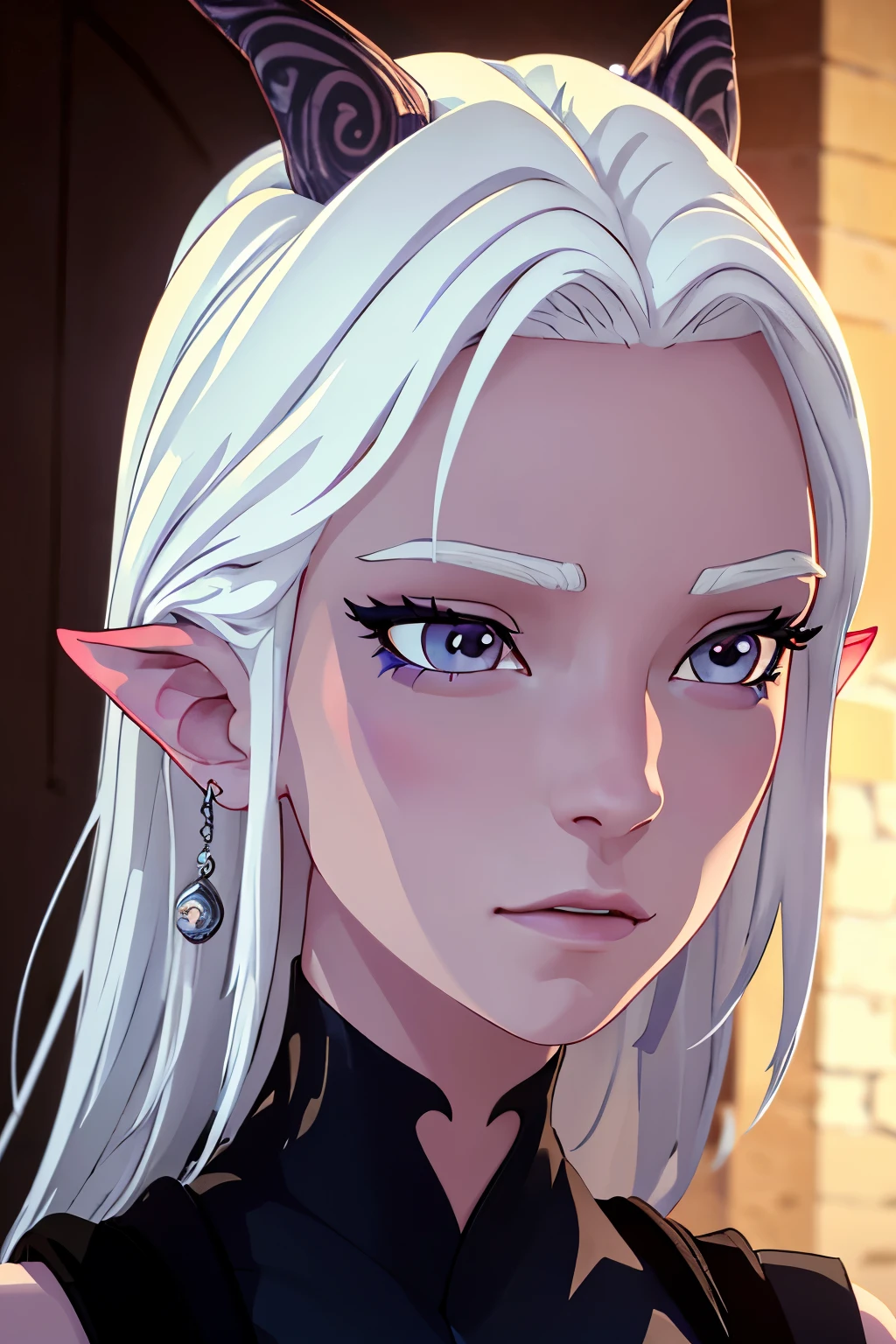  Beautiful detailed eyes ,  beautiful lips in detail ,  extremely detailed eyes and face,  long lashes,  1girl,  white hair , horns,  pointy ears ,  fully nude, intricate detailed leather, Very detailed,  photorealistic,  hyperrealistic , 8 k, masterpiece,  overdetailed ,  Physical-based rendering , bright colors,  studio lighting