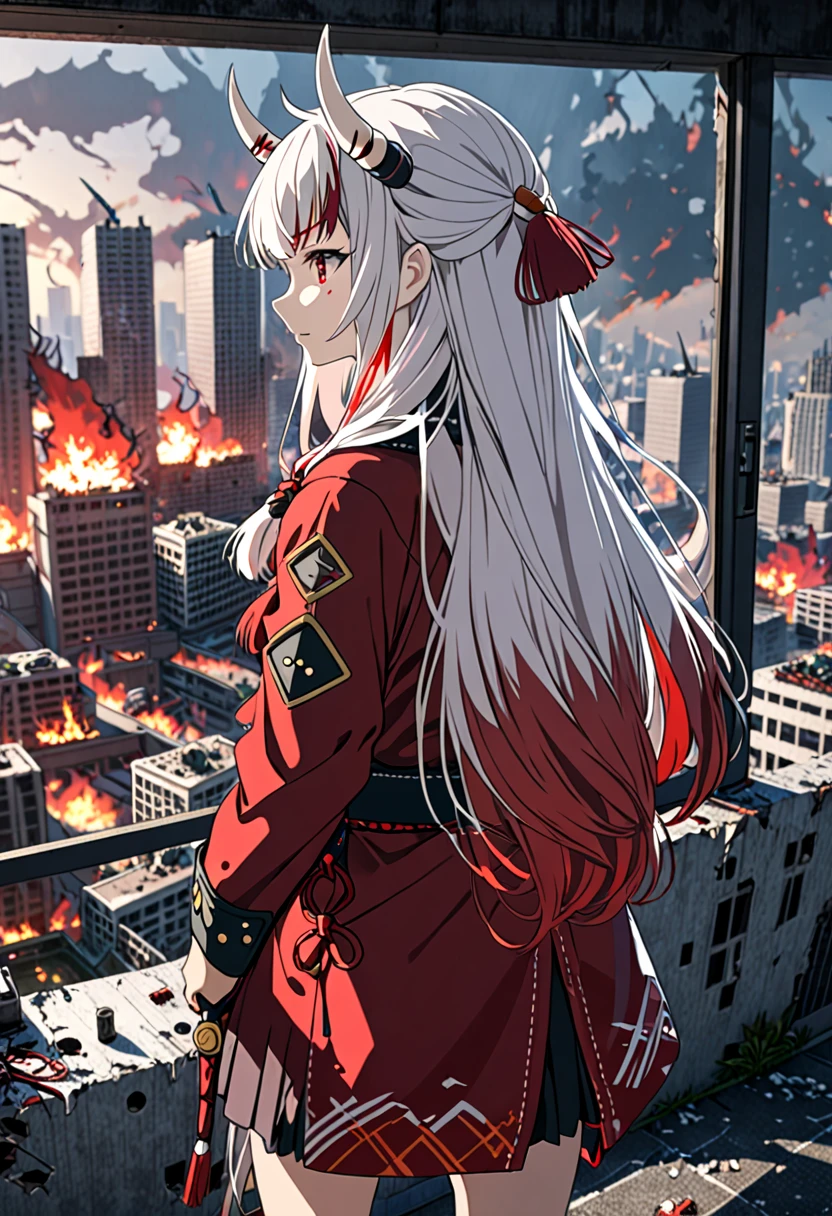 8K Ultra High-Quality, ultra-detailed, High quality, Nakiri ayame, white oni horns, long hair, side view, arms on the back, standing infront of window, modern bedroom, destroyed city background, burning background