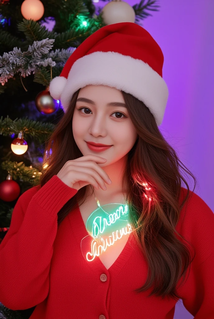 A beautiful Thai girl with long hair in a Christmas hat wearing a bright red cardigan dress with fur, a short skirt, with a Christmas tree decorated with multicolored lights holding neon sign "merry christmas" Happy festive smile hd 