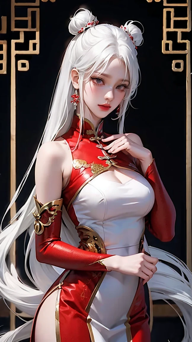 (masterpiece, best quality, Super detailed:1.2), 1 girl, Perfect Curve, (g0ld3mb, Kaneko:1.1), (sparkling galaxy dress:1.1), white long straight hair, tie hair, Wrapped in white silk, (red background:1.2), Elf ears,
