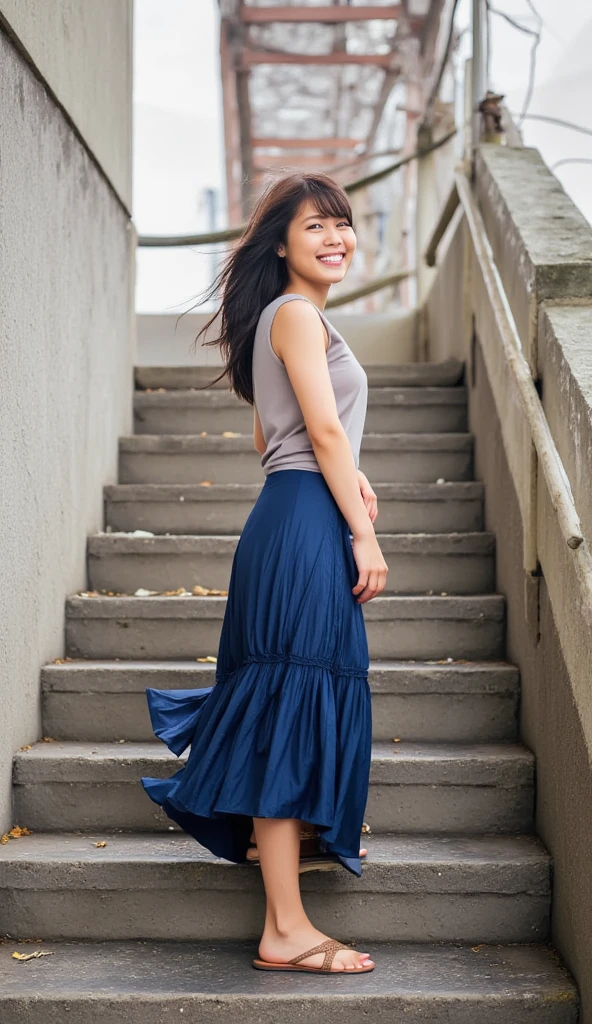  Composition showing the subject looking up from the bottom of the stairs、Descending an exterior staircase  、  open shirt  、  no underwear、 skirt rolling up due to strong wind 、  one girl 、Japanese Uniform、Sandals、smile