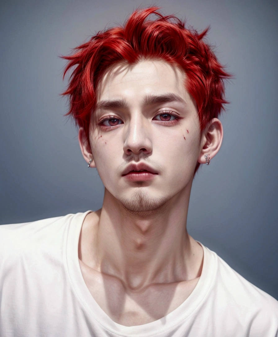 imagem arrapada de um homem com cabelos ruivos e piercings, Cai Xukun, bladee from drain gang, ((vermelho)) olhos baggy, his eyes are bleeding intense, inspirado em Yanjun Cheng, Lil Peep, Bloody, Taehyung comendo batatas fritas Gucci, blood red, Jungkook, olhos vermelhos de sangue, [[sangue]], Yanjun Chengt, olhos totalmente vermelhos