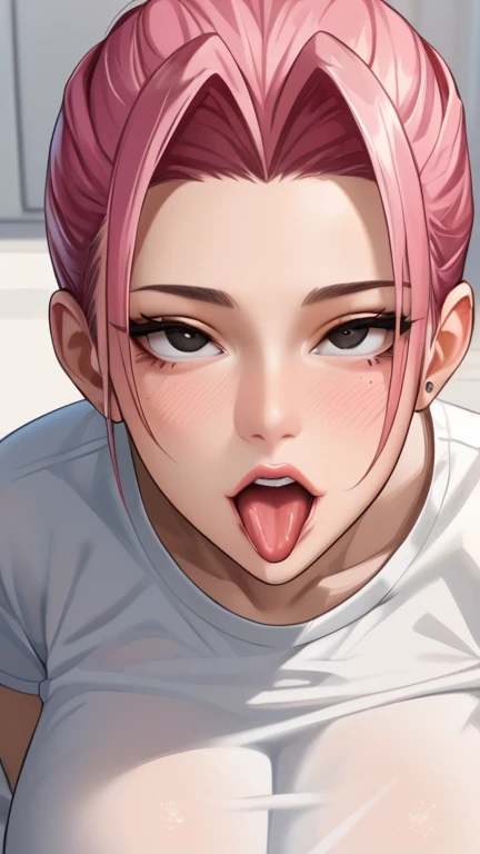 masterpiece, best quality, 1girl, solo, lilithbl2, tattoo,, makeup, midriff, crop top, vest, torn clothes, blush, open mouth, big mouth, tongue, tongue out, close up, saliva, uvula, uvula, room, mouth focus, excessive saliva, giantess, long tongue, large tongue, room, looking at viewer, red hair, red lips, yellow eyes ,selfie, very long tongue, side, on side