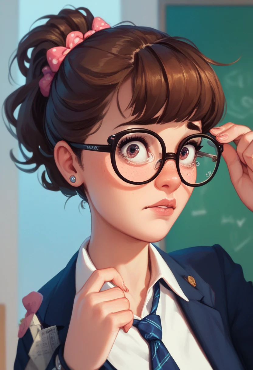 Innocent girl nerd ,  short brown hair, glasses, student, nervous