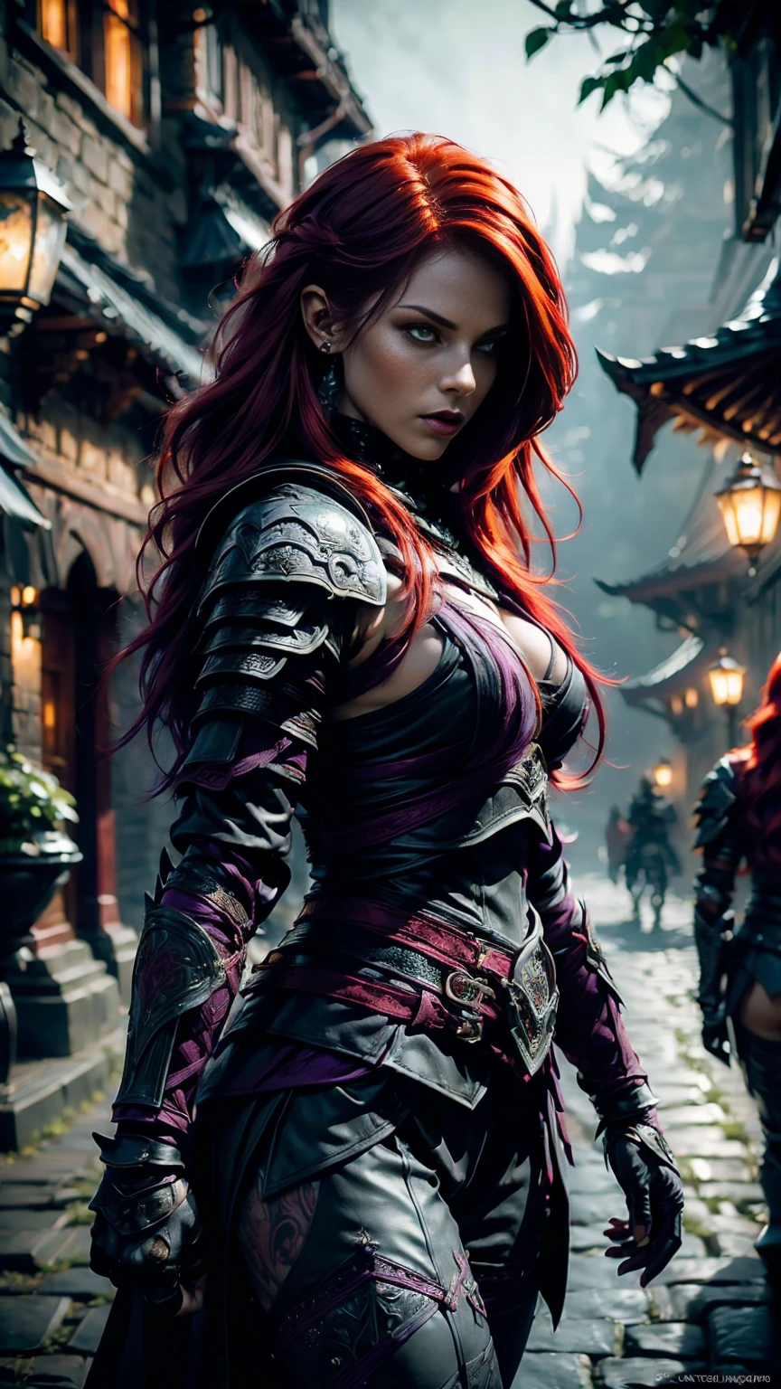 Highly detailed, realistic, cinematic, masterpiece, medium full shot, gorgeous woman with an average-sized chest, thief. (red hair:1.3), (green eyes:1.3), (tattoos covering her body:1.2). Wearing form-fitting black, red, and dark purple leather fantasy rogue armor with intricate straps, buckles, and delicate embroidery, emphasizing her agility and stealth (armor colors: black, red, dark purple:1.5). No metal armor or bulky elements. Set in a foggy fantasy city background with glowing lanterns and cobblestone streets, her pose is graceful and confident, evoking a sense of cunning and allure. (looking at viewer:1.2), (front view). Atmospheric lighting with a cinematic bokeh effect (bokeh:1.3).