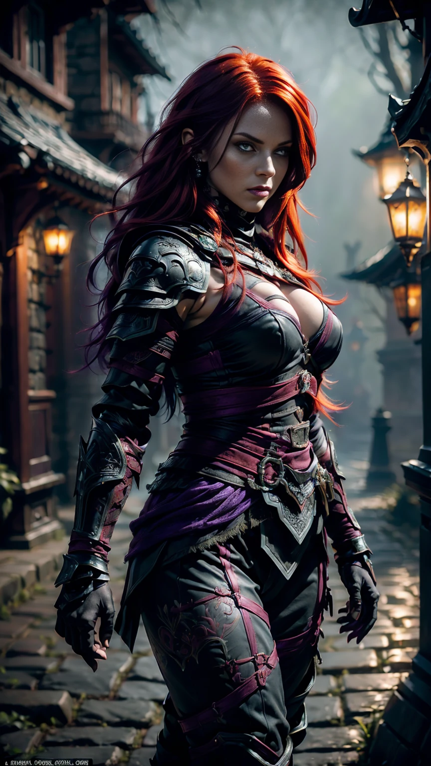 Highly detailed, realistic, cinematic, masterpiece, medium full shot, gorgeous woman with an average-sized chest, thief. (red hair:1.3), (green eyes:1.3), (tattoos covering her body:1.2). Wearing form-fitting black, red, and dark purple leather fantasy rogue armor with intricate straps, buckles, and delicate embroidery, emphasizing her agility and stealth (armor colors: black, red, dark purple:1.5). No metal armor or bulky elements. Set in a foggy fantasy city background with glowing lanterns and cobblestone streets, her pose is graceful and confident, evoking a sense of cunning and allure. (looking at viewer:1.2), (front view). Atmospheric lighting with a cinematic bokeh effect (bokeh:1.3).