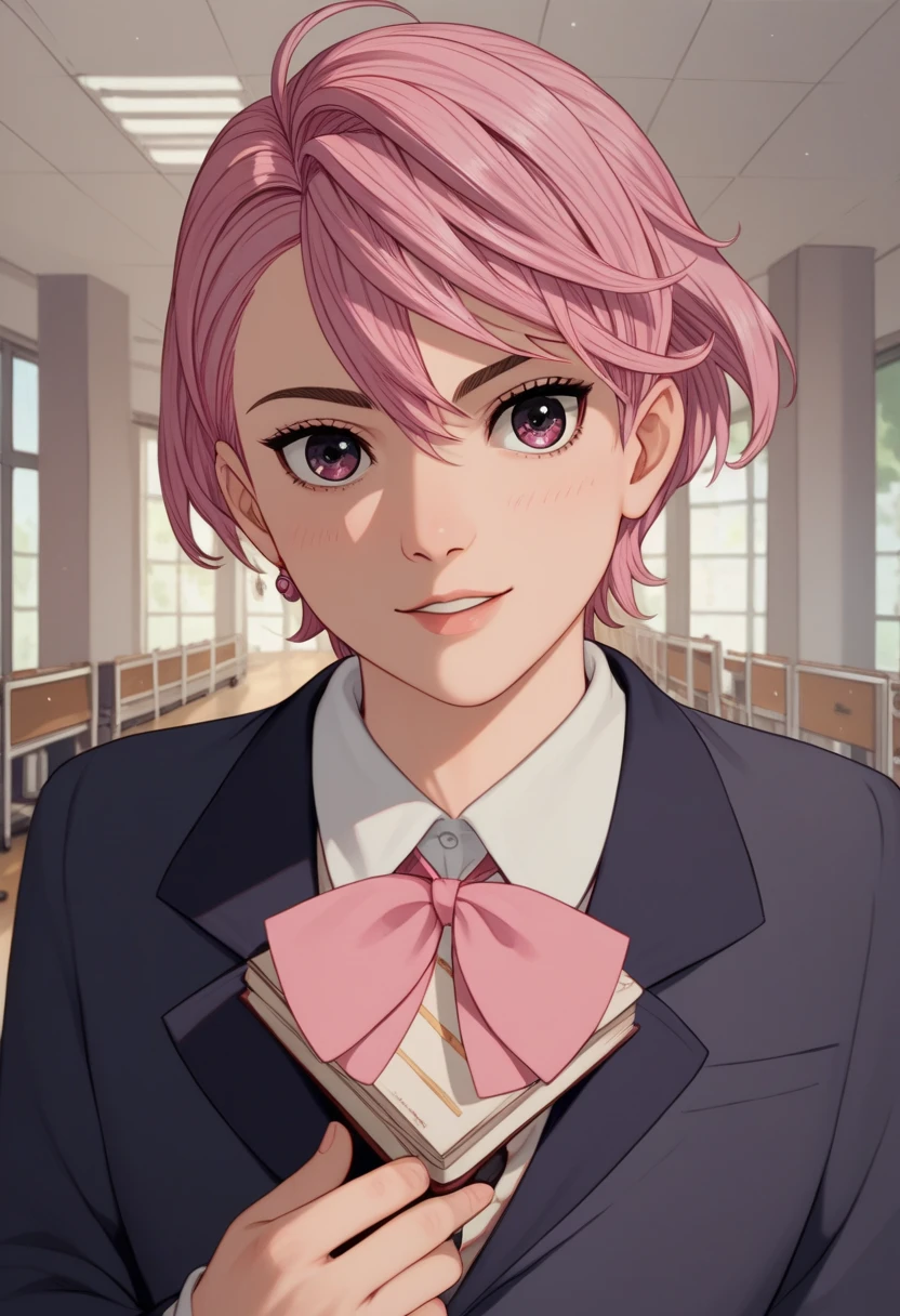 aira de dandadan,  short pink hair, student, abergonzada, innocent, dandadan anime style 