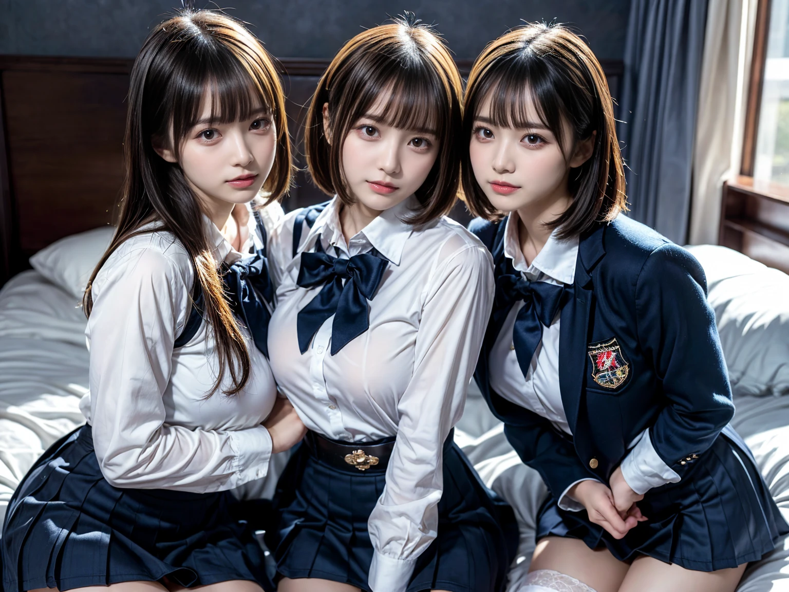 (best quality, master piece), perfect face an body, Chicas con uniformes escolares posando para una foto, black socks,