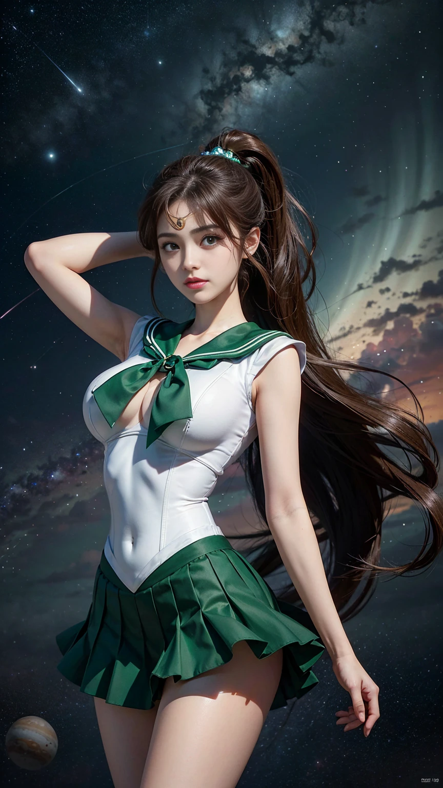     Masterpiece  ,   are high resolution   ,8k resolution, high definition model, Sailor Moon Jupiter ,    Beautiful Young Japanese Woman   ,1 person, Stunning High, Little Smiles  , cowboy shot,Jupiter and Space Background   ,(   Green Sailor Warrior Uniform  ),    Green Ultra Short Mini Skirt   ,   beautiful face,  cute type,*********,Slightly round face,Beautiful green eyes,   big eyes,Obvious double,  shining eye highlight,     Big Natural Colored Lips     , Light brown long hair ,   ponytail,   Beautiful Asymmetric Bang    ,    Floating Hair Nova Frog Style ,    super real,   anatomically accurate   , textured skin,     Perfect Figure   ,   beautiful legs,   thick thighs  ,Big Breasts,  balanced figure,