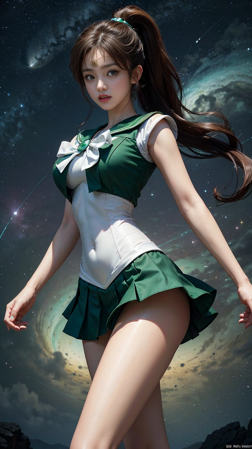     Masterpiece  ,   are high resolution   ,8k resolution, high definition model, Sailor Moon Jupiter ,    Beautiful Young Japanese Woman   ,1 person, Stunning High, Little Smiles  , cowboy shot,Jupiter and Space Background   ,(   Green Sailor Warrior Uniform  ),    Green Ultra Short Mini Skirt   ,   beautiful face,  cute type,*********,Slightly round face,Beautiful green eyes,   big eyes,Obvious double,  shining eye highlight,     Big Natural Colored Lips     , Light brown long hair ,   ponytail,   Beautiful Asymmetric Bang    ,    Floating Hair Nova Frog Style ,    super real,   anatomically accurate   , textured skin,     Perfect Figure   ,   beautiful legs,   thick thighs  ,Big Breasts,  balanced figure,