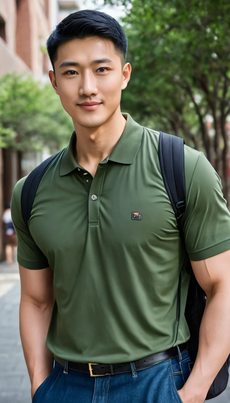 1boy, orimale ,Orimura, black_eyes, black_hair, male_focus, realistic ,  bright eyes  ,smile, Buzz Cut Drop Fade , Handsome Chinese Man with a Little Mustache , is muscular ,blood vessel,Broad shoulders, Wear a olivegreen polo shirt with short sleeves without a logo and jeans. Backpack