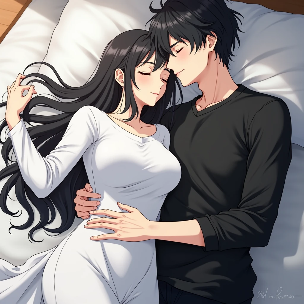A guy with long black hair is lying and sleeping, eyes closed, black sweatshirt and black pants, a girl with shoulder-length black hair is sleeping on him, eyes closed, dark green sweatshirt and brown shorts, anime art, masterpiece, realistic, over-detailed, professional quality