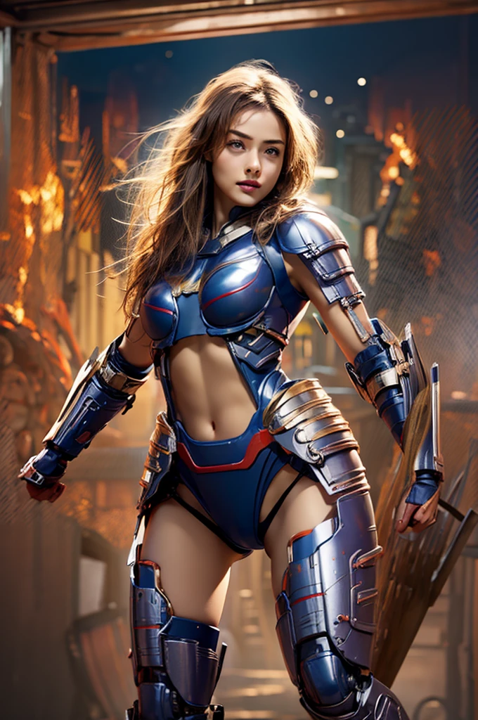  1 mature woman having a fight,photorealistic,  high definition , Soft light,1 Female, Alone,  Hip Up, ( detailed face ), blue sky,  Metallic Red Mechanical Armor, Silver Plated Machine Parts ,  big enough to stick out of her body ,  Hard erect pink nipples ,  tight waist with abs , Big round butt ,  Beautiful Pink Pussy , Groomed pubic hair,  beautiful balanced body line ,  round, egg-shaped, smooth face line , Full size shot,  armor reveals her abdomen and thighs, Anatomically correct , Her knee-to-head frame ,  looking at the camera, 