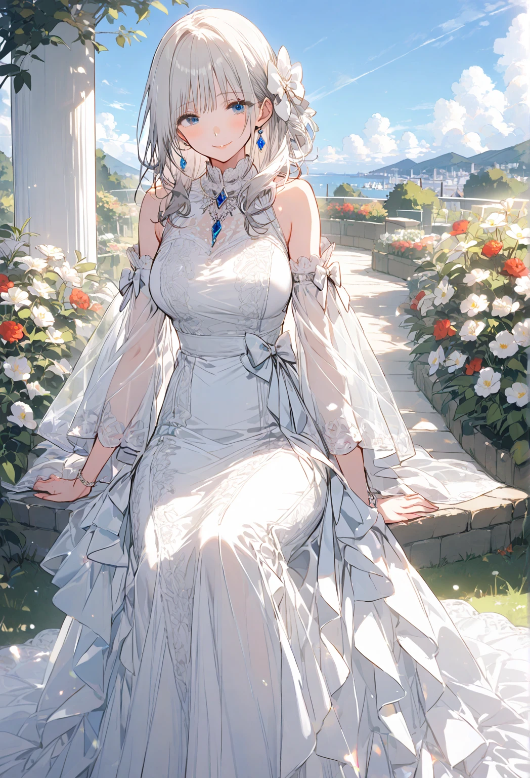 mature woman, solo, girl, ((mature woman), mature woman, motherly warmth, happy expression, soft warm look, looking at the viewer, white hair, long hair, bangs, blue eyes, bare shoulders, white long dress, frills, wide sleeves, detached sleeves, white footwear, high heels, white bow, white bow gem jewelry, blue sky, flower garden, standing, shiny skin, glossy skin, 