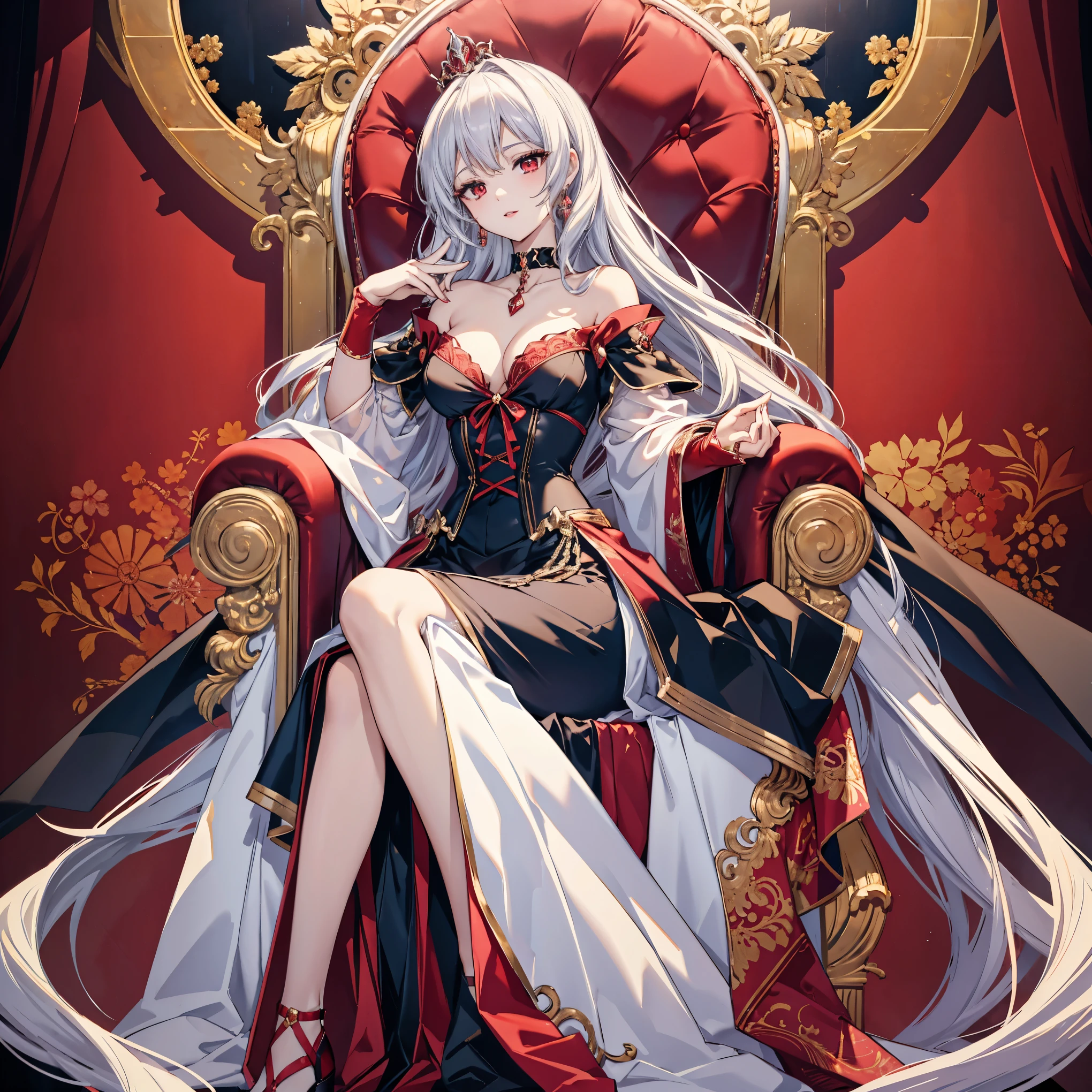 anime-style illustration of a beautiful 23-year-old vampire empress, 160cm tall. Medium flowing silver hair, Sharp red eyes, (eyes highlight), glamorous figure. Wearing an elegant scarlet off-shoulder short dress with dark corset, choker necklace. Big Gold tiara. Graceful standing pose, gentle smile. Soft lighting, empress of black dragons, smuggly sitting on a throne, dragon next to hers, Detailed anime art style, full figure visible.