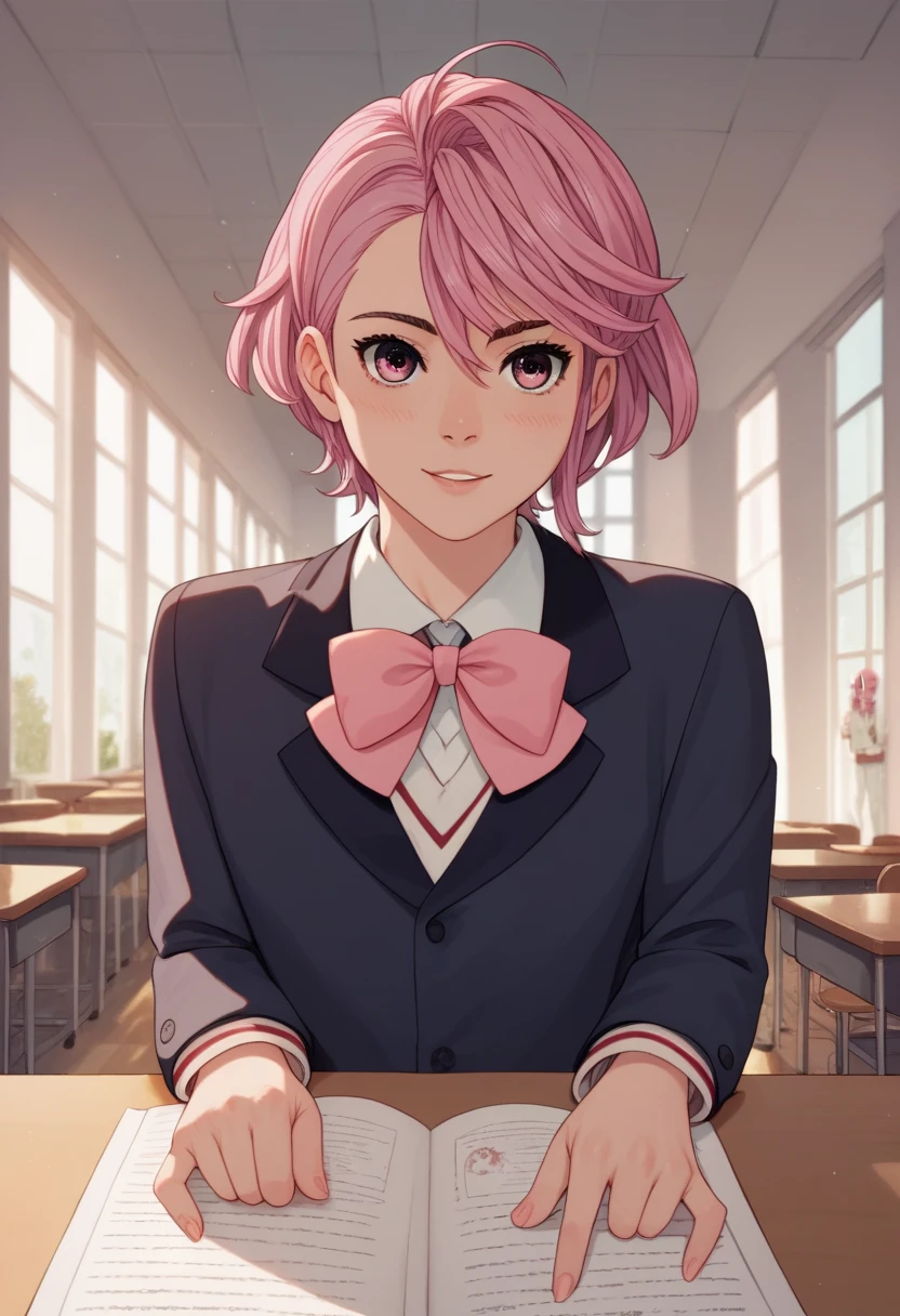 aira de dandadan,  short pink hair , student, abergonzada, innocent, dandadan anime style 