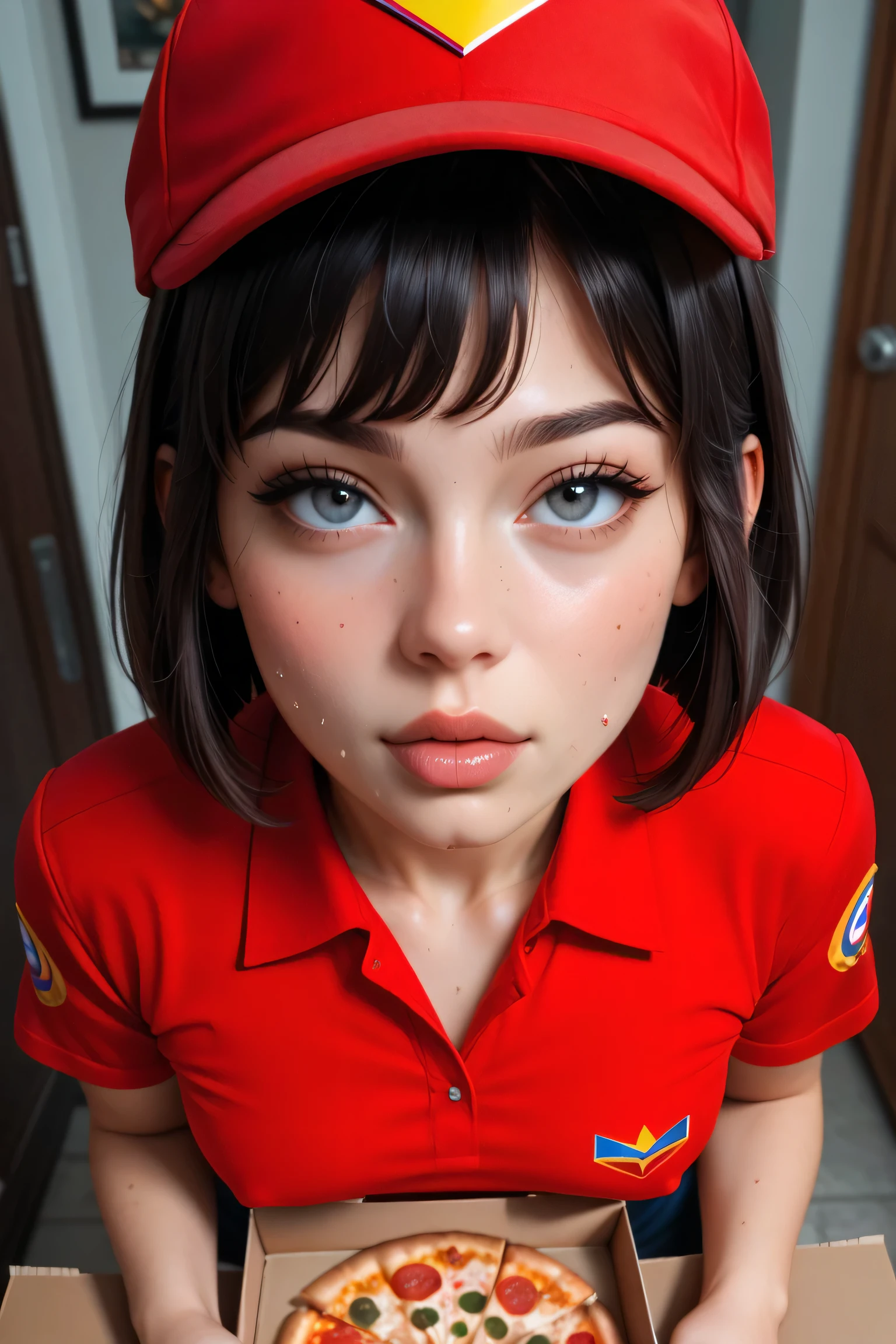  software ,  one young girl who can't see the stars, Alone,  high definition , 超 high definition ,  bright room ,  beautiful face, Hunchback,  bob cut , Smaller breasts, Kissing Face,,,  Medium Shot, Pizza delivery man,delivery,  sweaty all over,,, visit, Wearing a red uniform, High angle, The chest is exposed,  is wearing a hat 