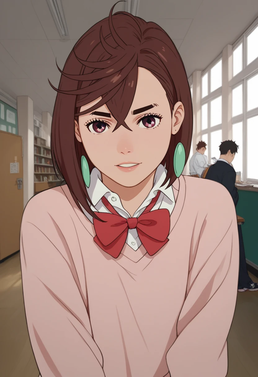 Momo Ayas by Dandadane,  short brown hair , student, dandadan anime style 