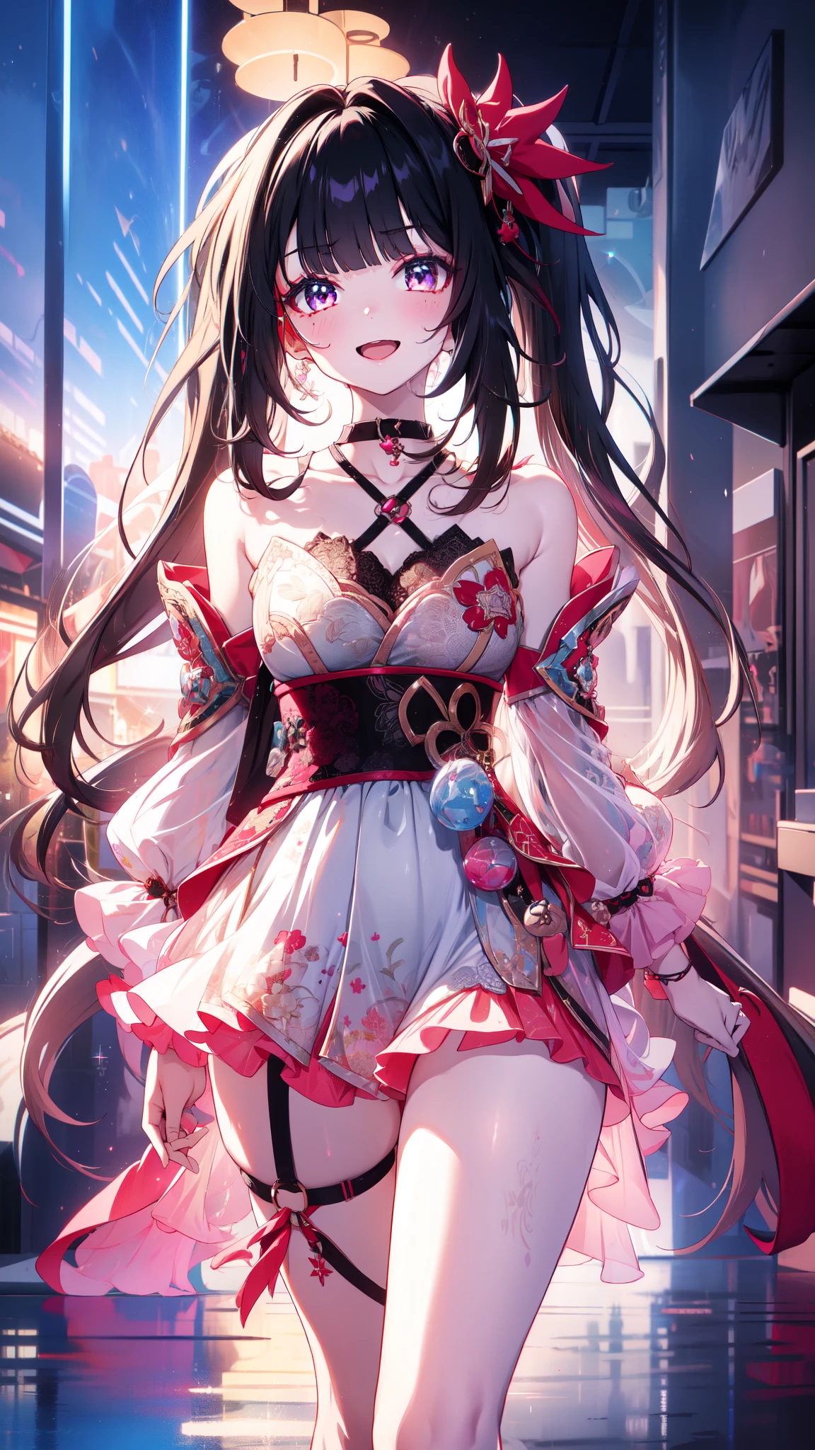 age girl ,obsessed, Have Fun ,in love,(Big white spiral dress ),sparkle, transparent clothes,Exquisite hair accessories, transparent lace ,night,Dress nicely, carved suspenders , slim beautiful face with double ponytail, Black Hair, Blushing, seven-part lens,