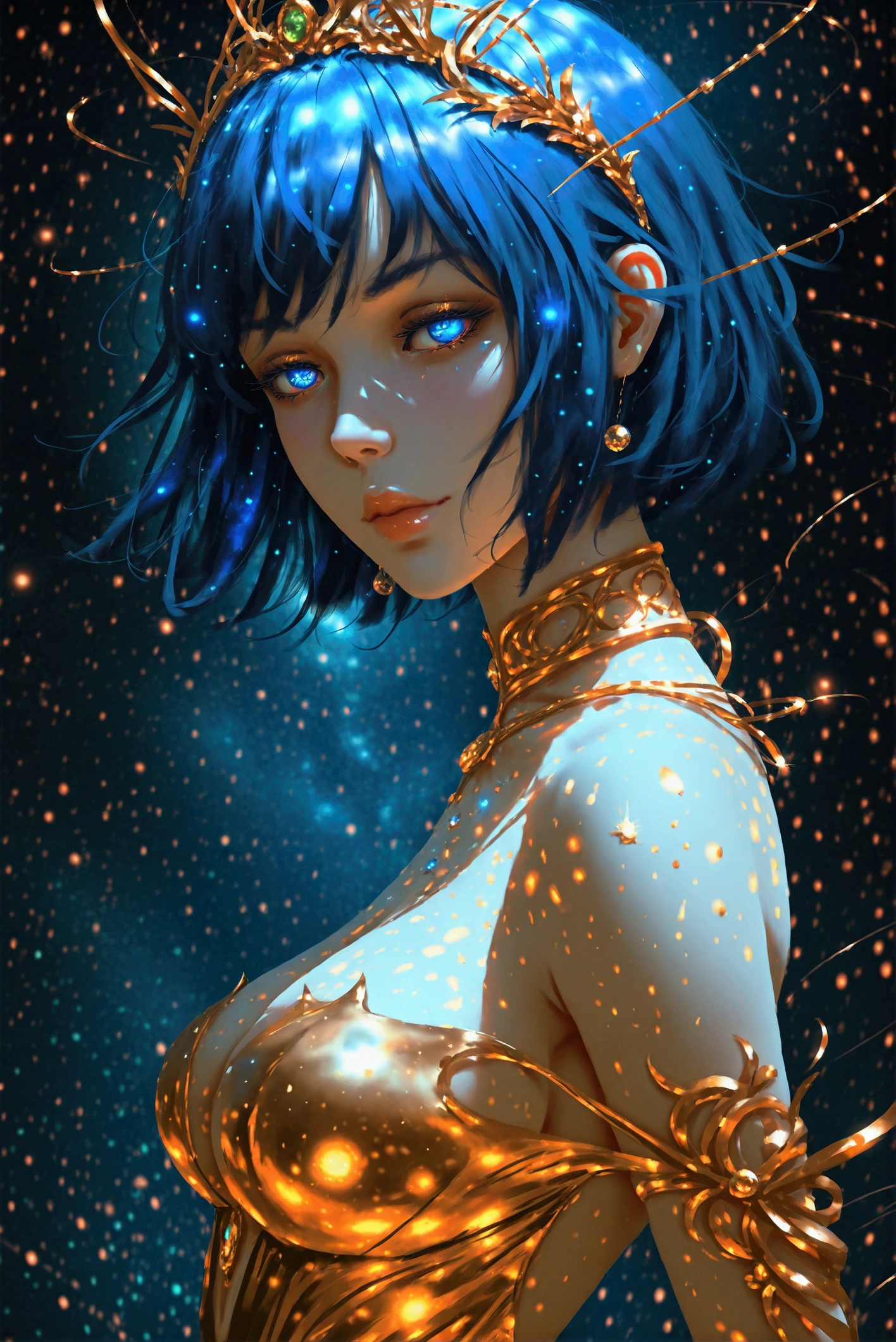 Wlop, illustration of the most beautiful woman on earth, semi-realistic anime style, dark blue hair, nice body, tight revealing dress, detailed, gold, evil, cosmic enchantress, hypnotic detailed eyes, ultra detailed, top to bottom, full body.