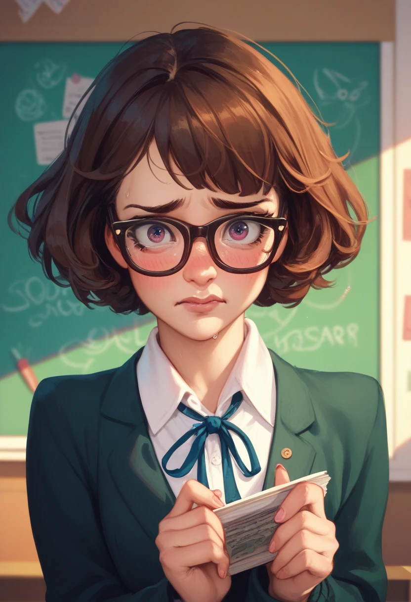 Innocent girl nerd ,  short brown hair , glasses, student, nervous,  blushed