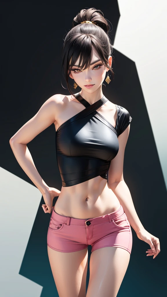 (Finest quality)),(A high resolution),(ultra-detailled art),(Meticulous portrayal),((Best Anime)),(Finest works of art),sharpness,Clear,Ultra-Precision Art,The art of astounding depiction, (Female Ninja in the Dark:1.3), 

short Hair, purple hair, vibrant purple hair, extremely detailed hair, detailed bangs, with bangs, short hair only,
pretty face, beautiful lips, soft lips,pretty face, close up face,serious face, pretty nose, beautiful nose,
pretty eyes, beautiful eyes, detailed eyes, perfect eyes, green eyes,

korean girl, korean beauty, irene, red velvet irene, 

clear skin, clear skin, white skin, soft skin, slim body, small breasts, detailed skin, detailed thighs, show navel, detailed arms,

Ninja clothing, Ninja outfit, gray cycling shorts, gray halter top turtle neck, detailed halter top turtleneck, thick halter top turtle neck, black arm sleeves, detailed sleeves, cover breasts, cover neck, 
looking at camera,

gray shorts, detailed gray shorts, 
standing,

super low-angle shot, looking down,