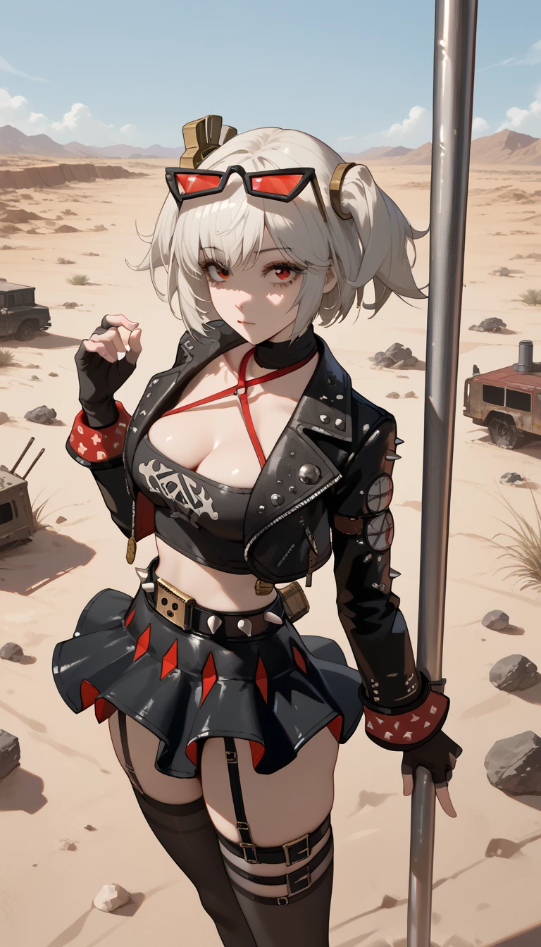  1girl,One,_ZZZ,  Short hair,  short double tails,   hair ornament ,  sunglasses ,  on the head , very sexy, in the desert, next to the pole , buttocks,  sexy pose,  ulybka,  correct anatomy 1.1., detailed hands, fingers in detail, face in detail,  beautiful slender legs, mini skirt,  leans forward, wasteland,  view from above ,
White,  Short hair,  short double tails,   hair ornament  ,  sunglasses ,  on the head  ,  red halterneck , black top pipe ,  short top,  Cleavage,  life , black jacket,  fingerless gloves , studded belt , black skirt,  red hip straps,  black stockings,score_9, score_8_up, score_7_up, score_6_up, score_5_up, score_4_up,