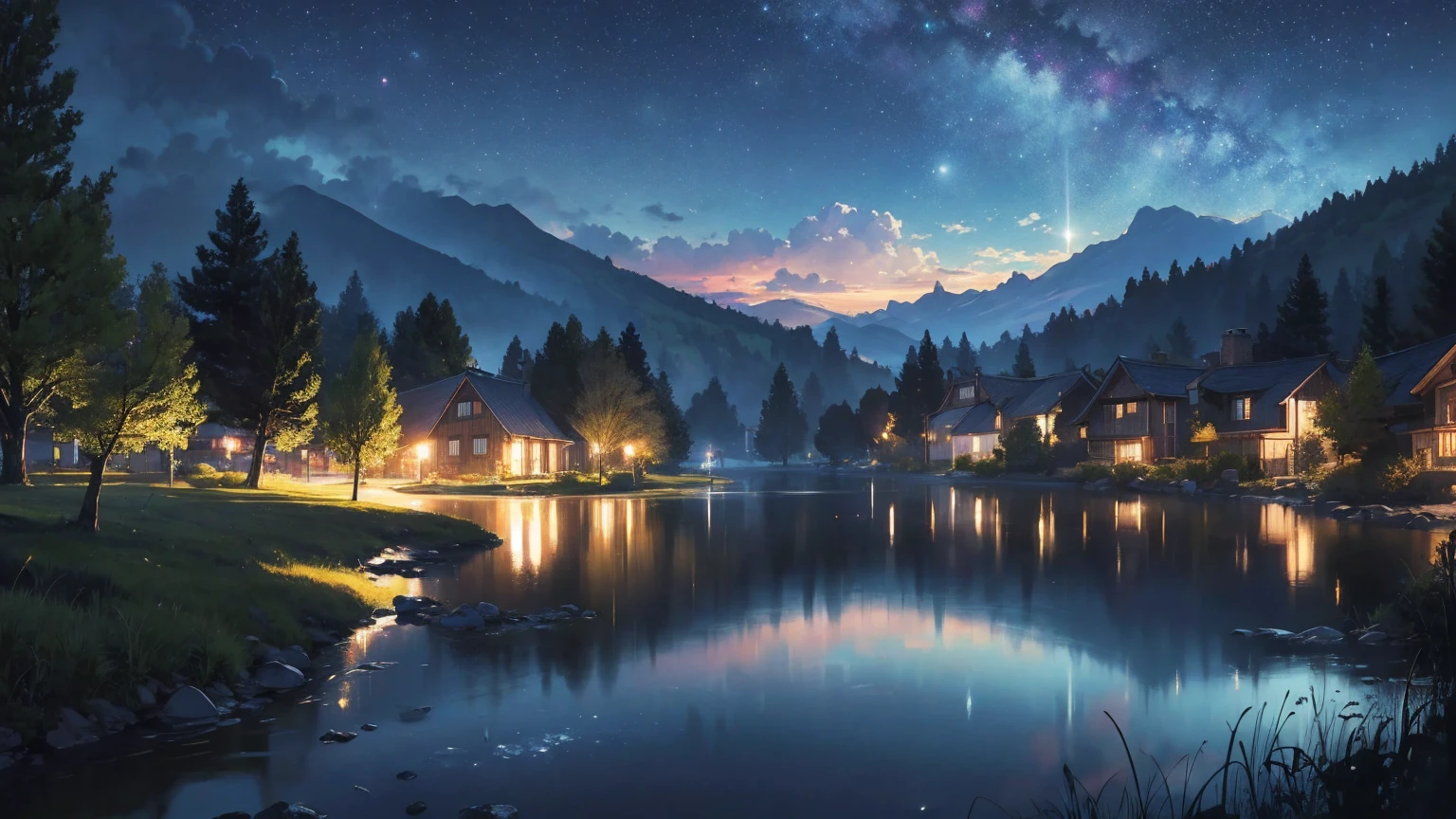 a surreal high resolution,cinematic composition, two young sisters happily looking at a fantastic night sky reflected on a lake surface, fantastical atmosphere, realistic rendering, detailed textures, wallpaper, movie poster