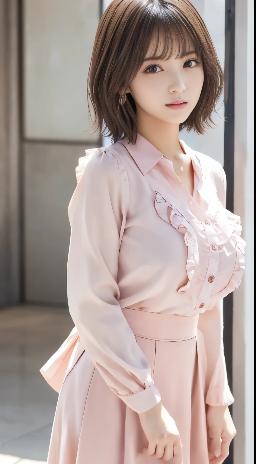 .................,, In front of school、 skirt 、Pearl pink long sleeve shirt with ruffles on the chest、格子柄 skirt、On, , sakimichan,, So cute and cute , , sakimichan hdri、Lori、 boobs、Beautiful breasts 、,(Big Breasts:1.20),(:1)、 brown hair、 brown hairの髪、、 short bob、Cute pose、