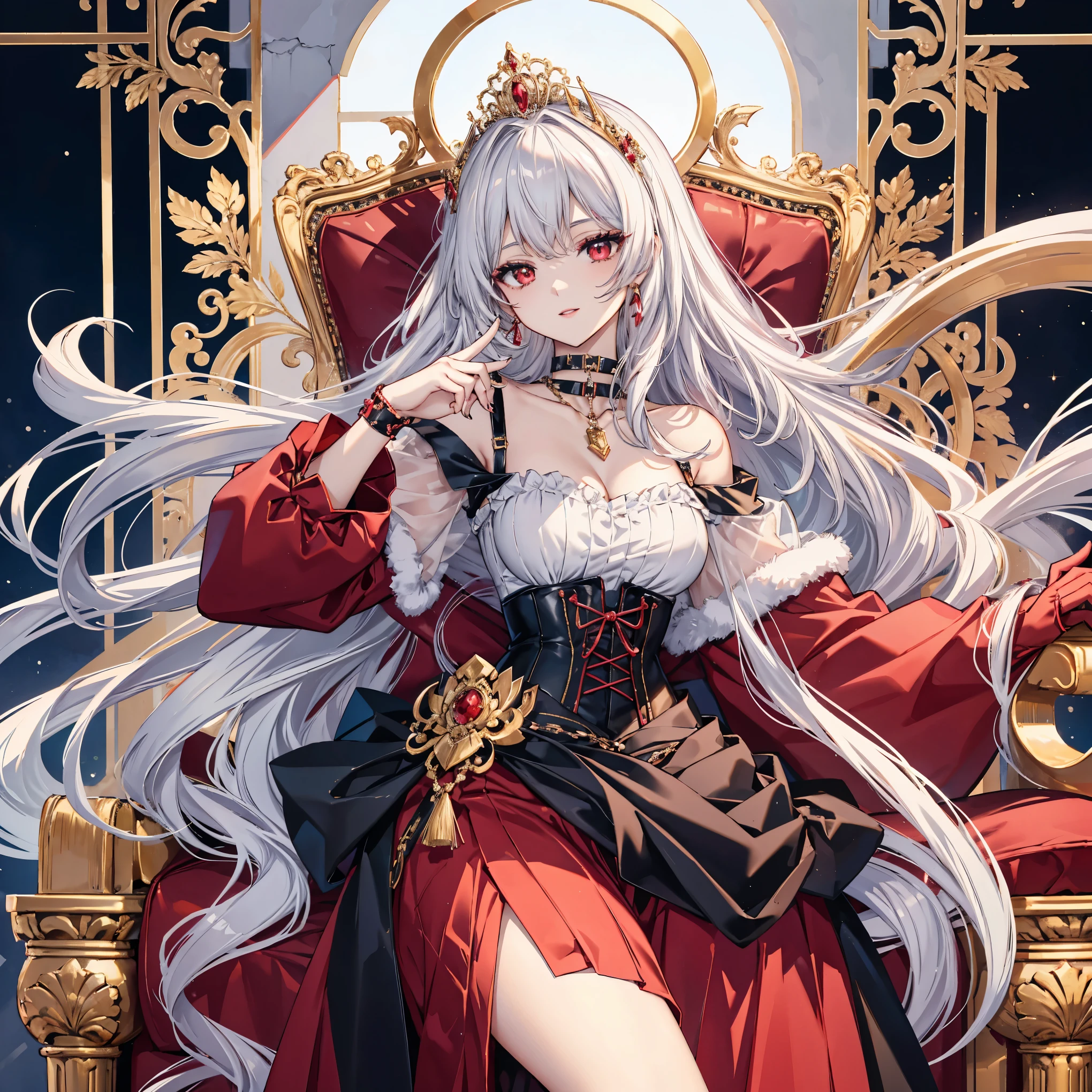 anime-style illustration of a beautiful 23-year-old vampire empress, 160cm tall. Medium flowing silver hair, Sharp red eyes, (eyes highlight), glamorous figure. Wearing an elegant scarlet off-shoulder short dress with dark corset, choker necklace. Big Gold tiara. Graceful standing pose, gentle smile. Soft lighting, empress of black dragons, smuggly sitting on a throne, dragon next to hers, Detailed anime art style, full figure visible.