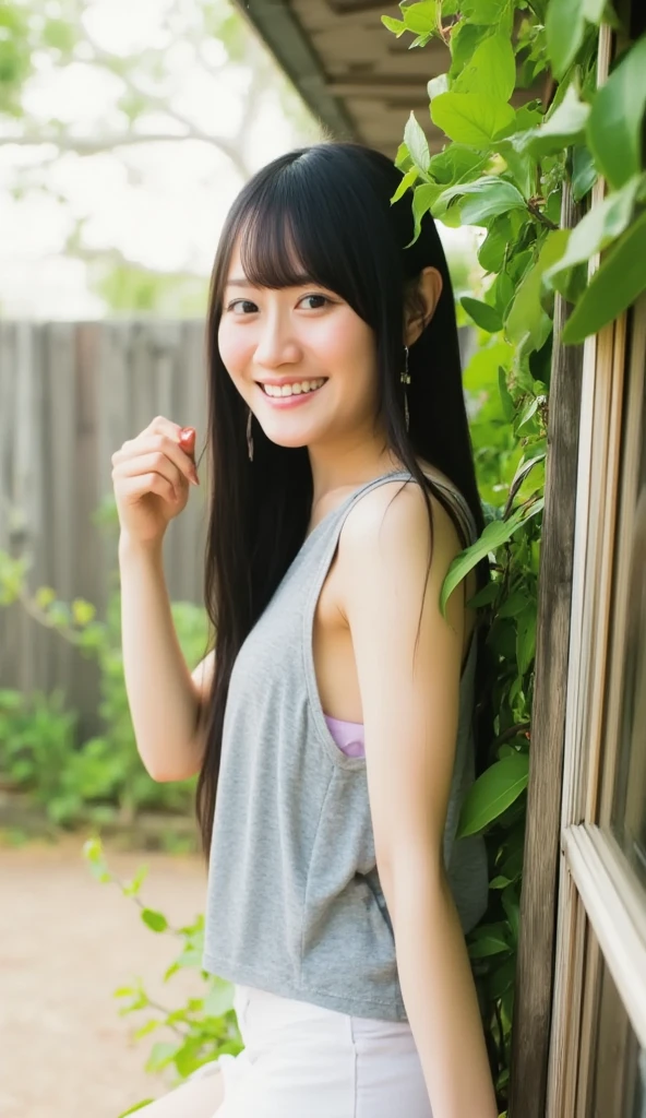 beautiful,  cute Japanese women, 20 years old,  white skin,  Nice body ,  long straight black hair ,  wearing a loose light gray tank top ,  short mini skirt with white pleated hem in thin fabric,  see-through,   earrings showing white shorts underneath  ,  evening atmosphere in the garden in front of the house ,  Smiling Brightly ,  turning her back and looking at the camera ,  posing beautifully , showing her legs .

