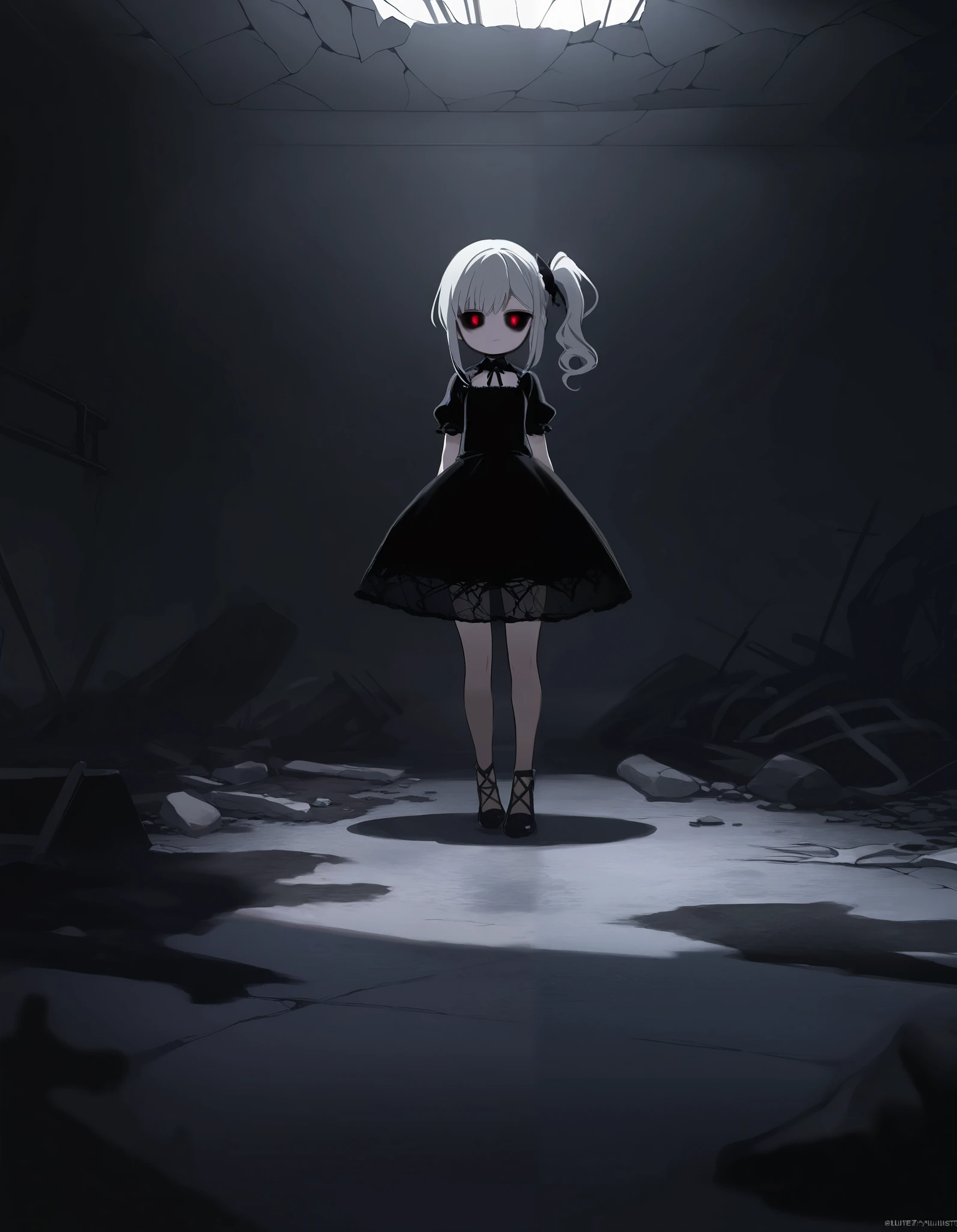 masterpiece, best quality, 8k, highres, ultra-detailed, HDR, UHD, ultra-fine painting,translucent girl,fullbody,silver hair,side pony tail hair,girl close up,dark gothic, glowing dark eyes, black dress flowing,faint mist surrounding her, ominous and unsettling, desolate prison, cracked walls and floor, broken bed, debris scattered on the ground, dim lighting, eerie atmosphere,  soft light casting shadows, dark and mysterious mood, horror theme, supernatural presence