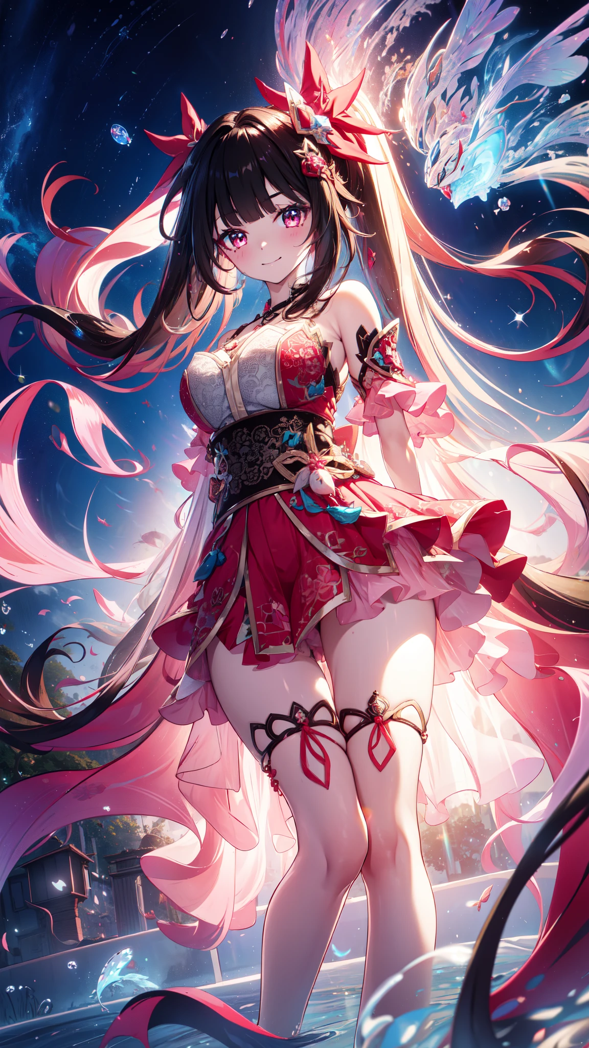age girl ,obsessed, Have Fun ,in love,(Big white spiral dress ),sparkle, transparent clothes,Exquisite hair accessories, transparent lace ,night,Dress nicely, carved suspenders , slim beautiful face with double ponytail, Black Hair, Blushing, seven-part lens,