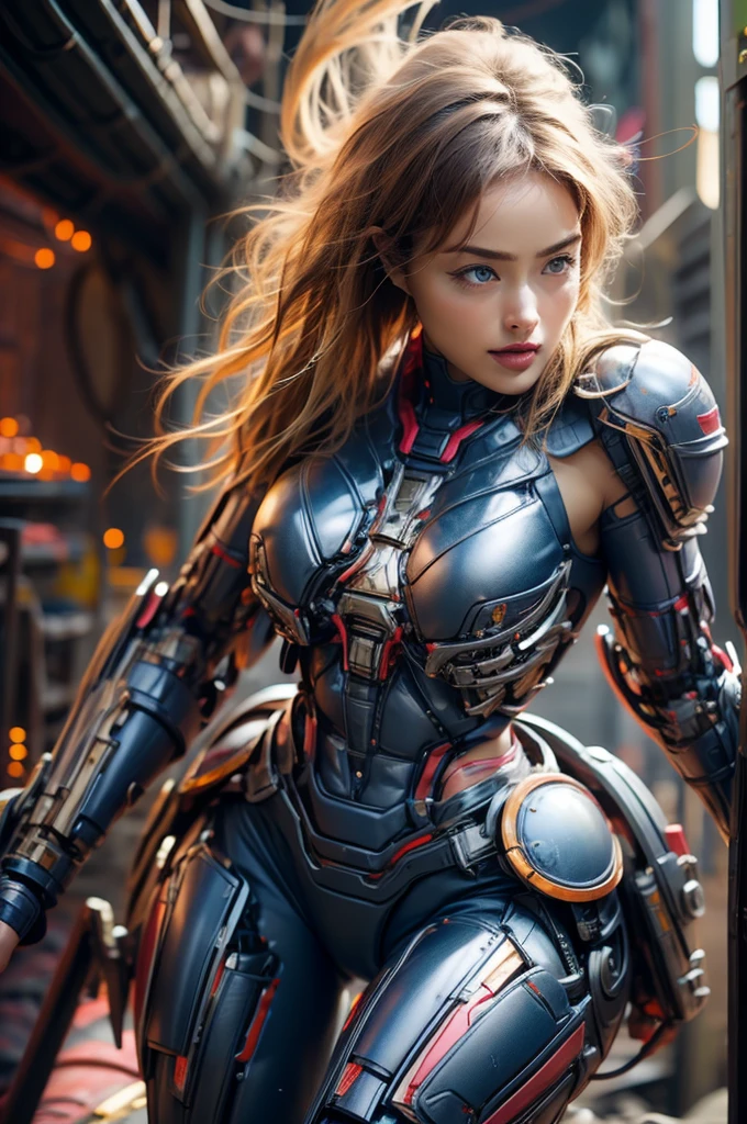  1 mature woman having a fight,photorealistic,  high definition , Soft light,1 Female, Alone,  Hip Up, ( detailed face ), blue sky,  Metallic Red Mechanical Armor, Silver Plated Machine Parts ,  big enough to stick out of her body ,  Hard erect pink nipples ,  tight waist with abs , Big round butt ,  Beautiful Pink Pussy , Groomed pubic hair,  beautiful balanced body line ,  round, egg-shaped, smooth face line , Full size shot,  armor reveals her abdomen and thighs, Her knee-to-head frame ,  looking at the camera, Anatomically correct , 